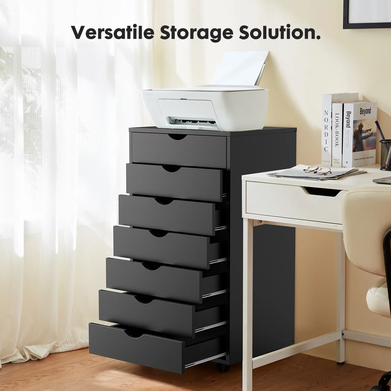 DEVAISE Black 7 Drawer Dresser for Bedroom, Makeup Dresser, Tall Storage Cabinet Chest on Wheels, Mobile Wood Organizer Drawers for Office, Bedroom, Home
