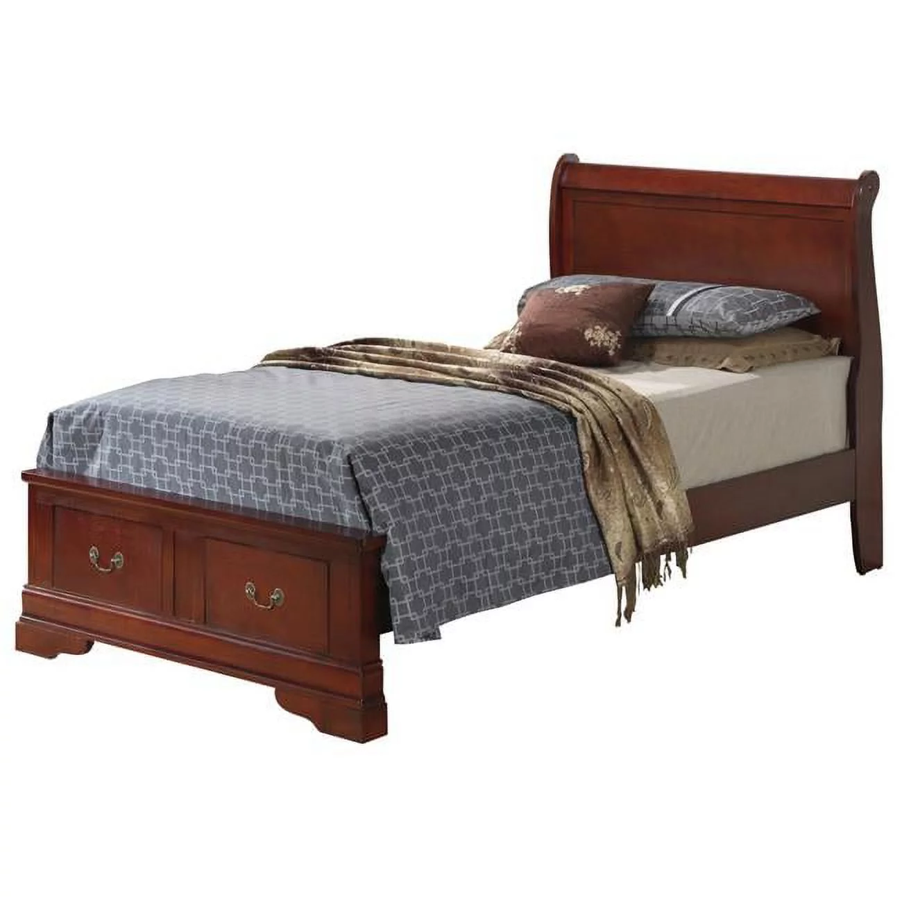 Passion Furniture 41 x 84 x 44 in. Louis Philippe Storage Sleigh Bed, Cherry - Twin Size