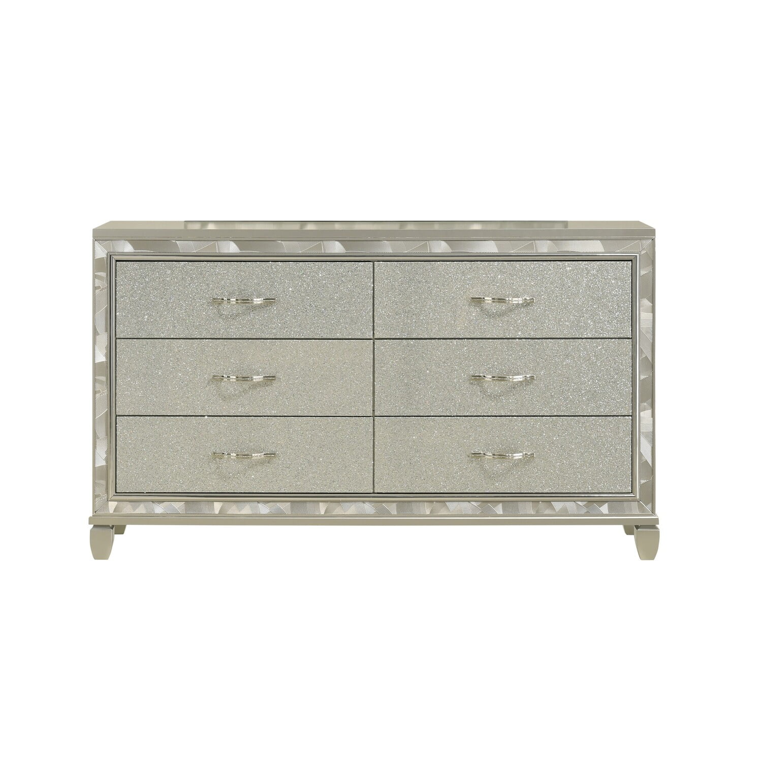 Benjara BM309538 65 in. Bet 6 Rhinestone Inlaid Drawers Dresser with Handles, Silver & Chrome