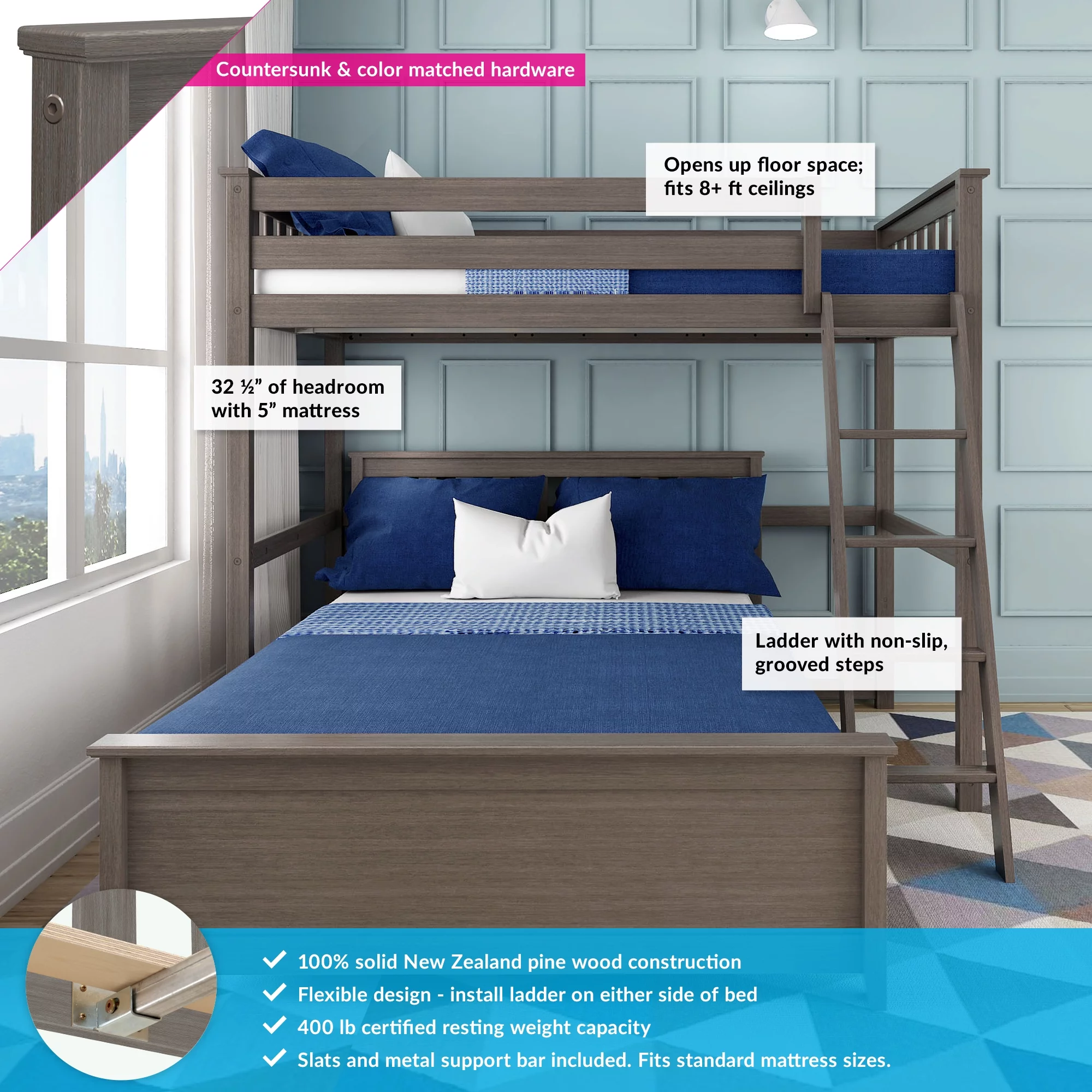 Max & Lily L-Shaped Twin over Full Bunk Bed with Ladder Wood for Kids, White