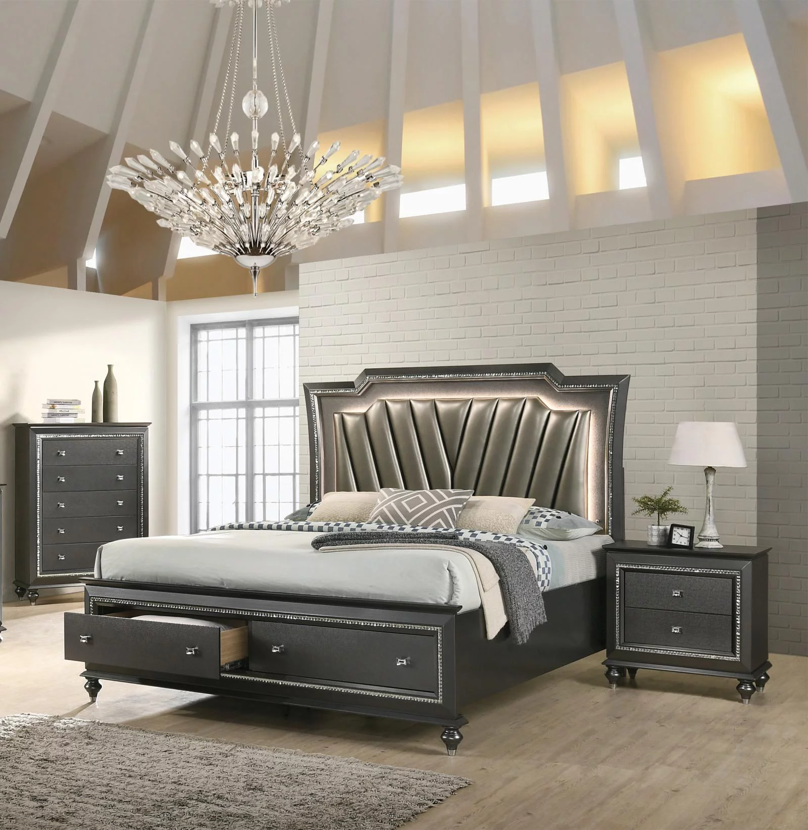 Glam King Storage Bedroom Set 5 w/Chest w/LED Metallic Grey 27277EK Kaitlyn Acme