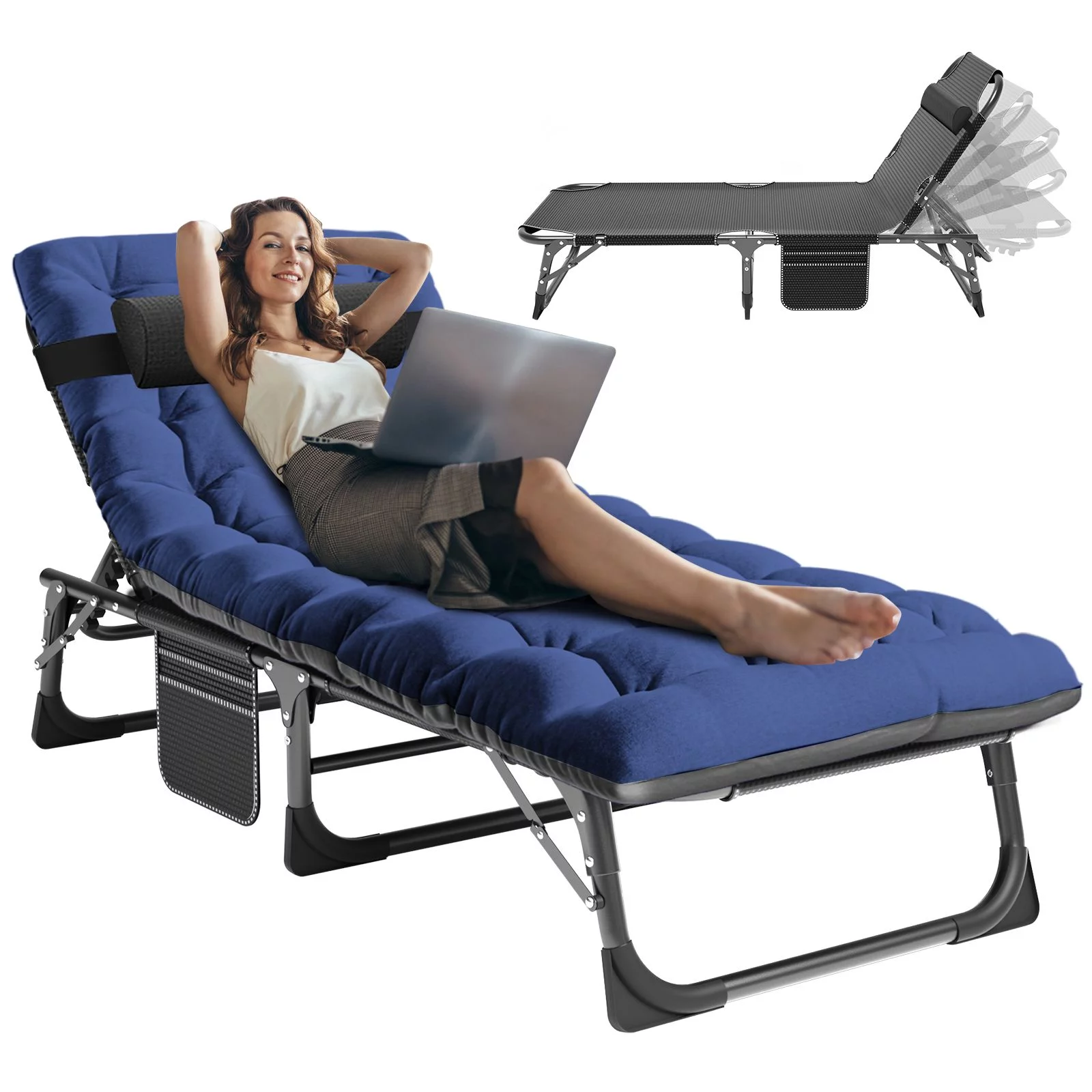 MOPHOTO Folding Camping Cot, Adjustable 4-Position Adults Reclining Folding Chaise with Pillow & Mattress,Portable Folding Lounge Chair，Patio Lounge Chairs with Cushion