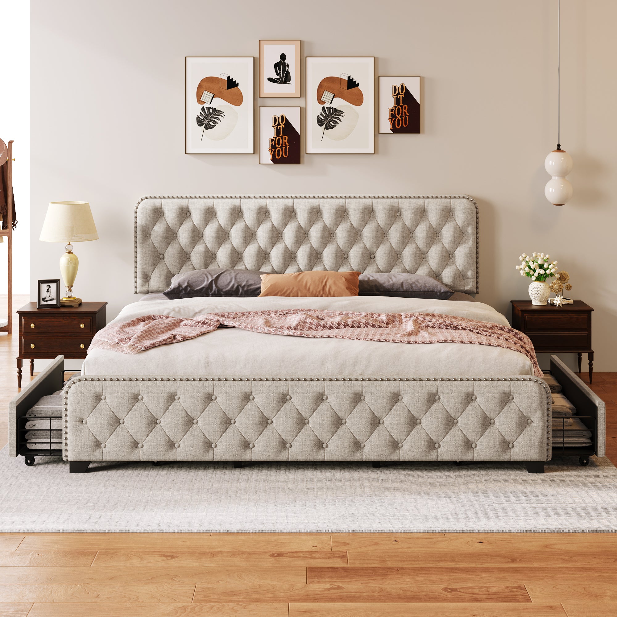 Q King Size Platform Bed Frame with Four Drawers - Beige