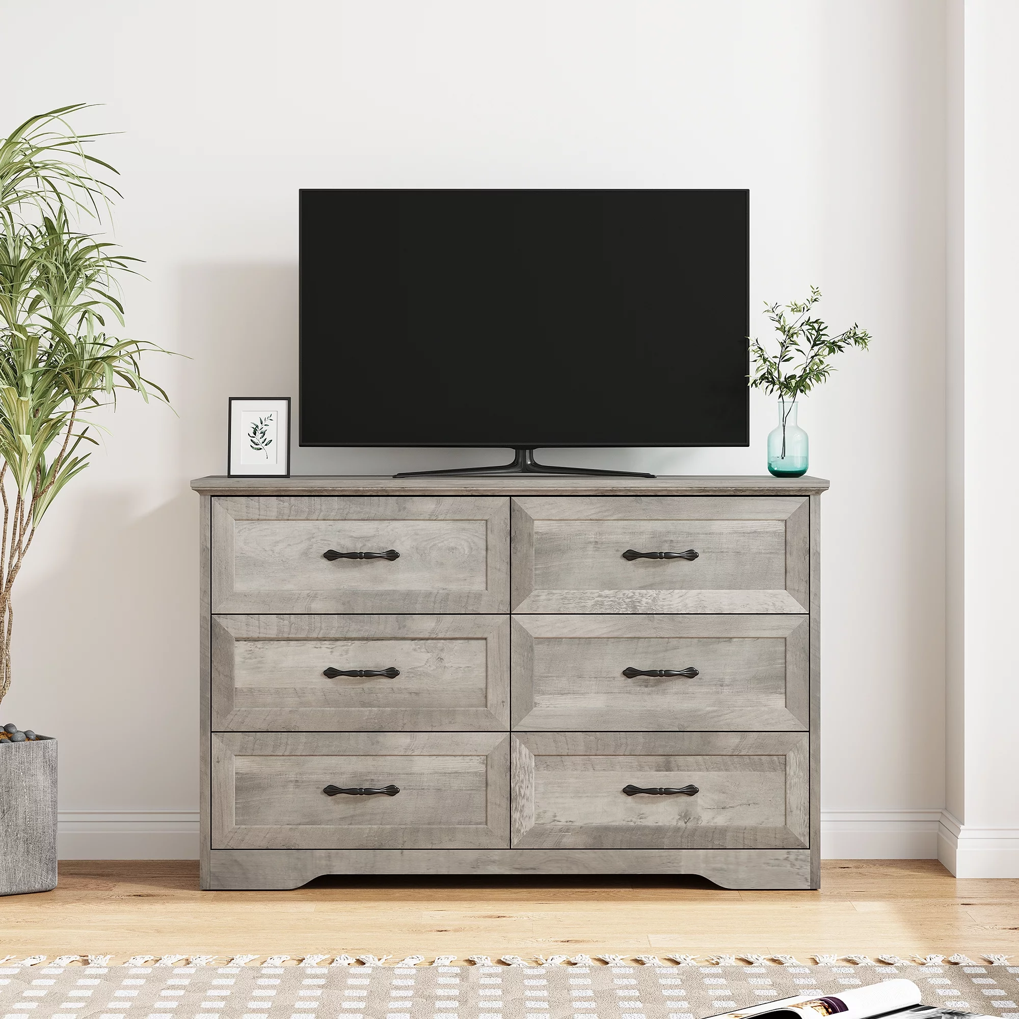 Homhougo Dresser for Bedroom with 6 Drawers, Wood Drawer Dresser Chest of Drawers for Closet, Living Room, Hallway, Nursery, Kids Bedroom, Grey