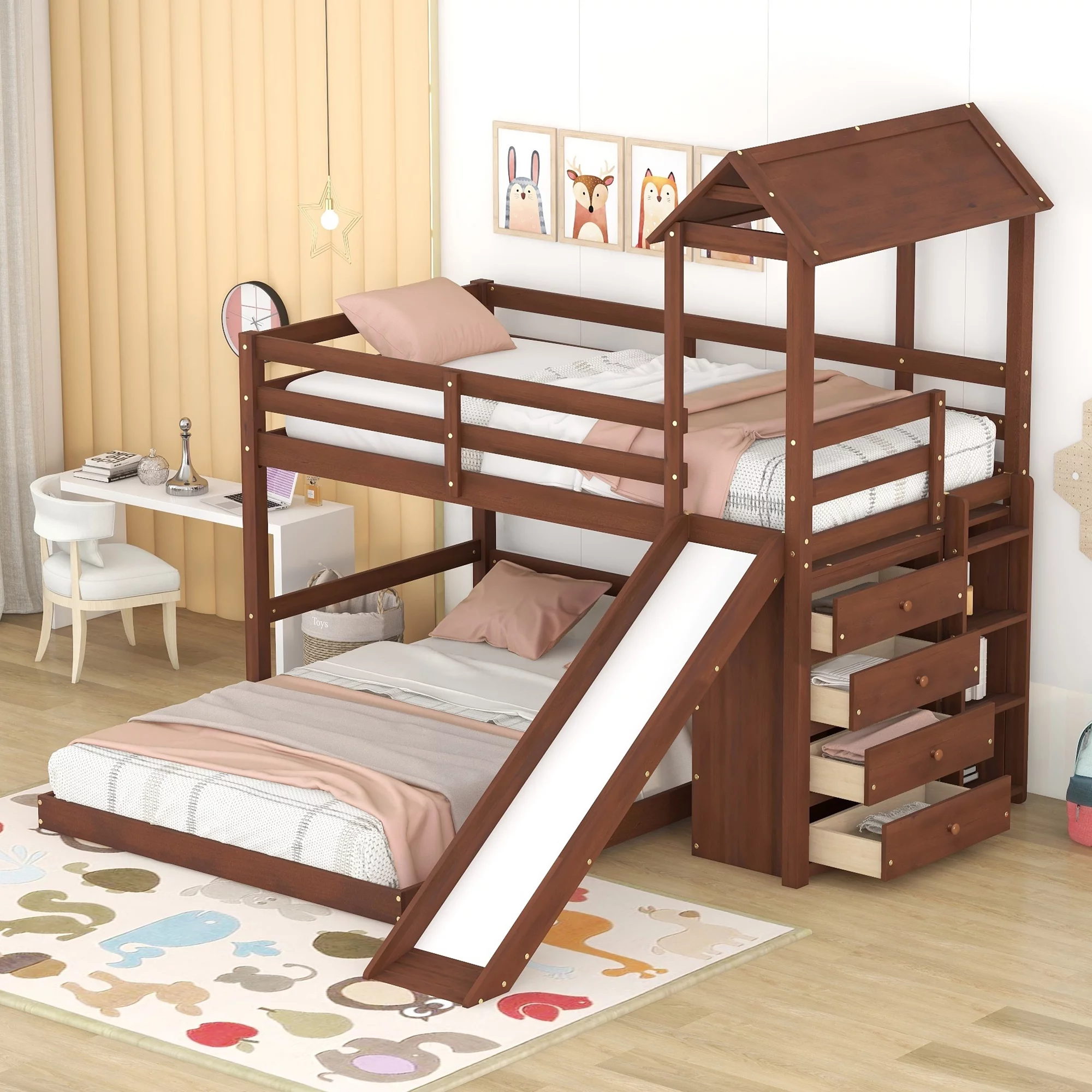 EUROCO Twin over Full House Bunk Bed with Slide and Functional Cabinet, Moveable Lower Full Bed for Kids Teens Adults, Storeage Shelf and 4 Big Drawers, Espresso