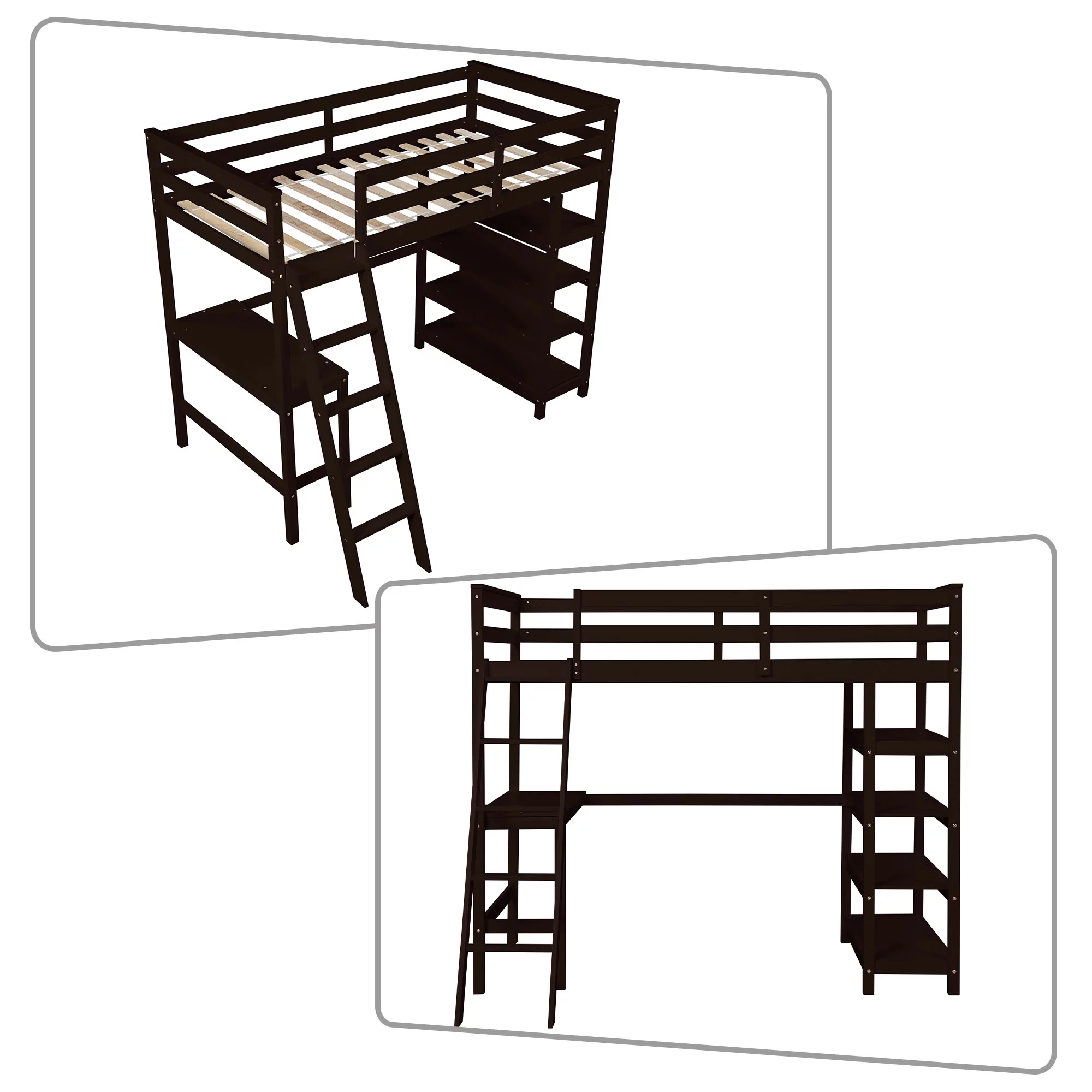 Minimalist and Multifunctional Twin-size Wooden Loft Bed with A Ladder, A desk and 4 Shelves, Espresso