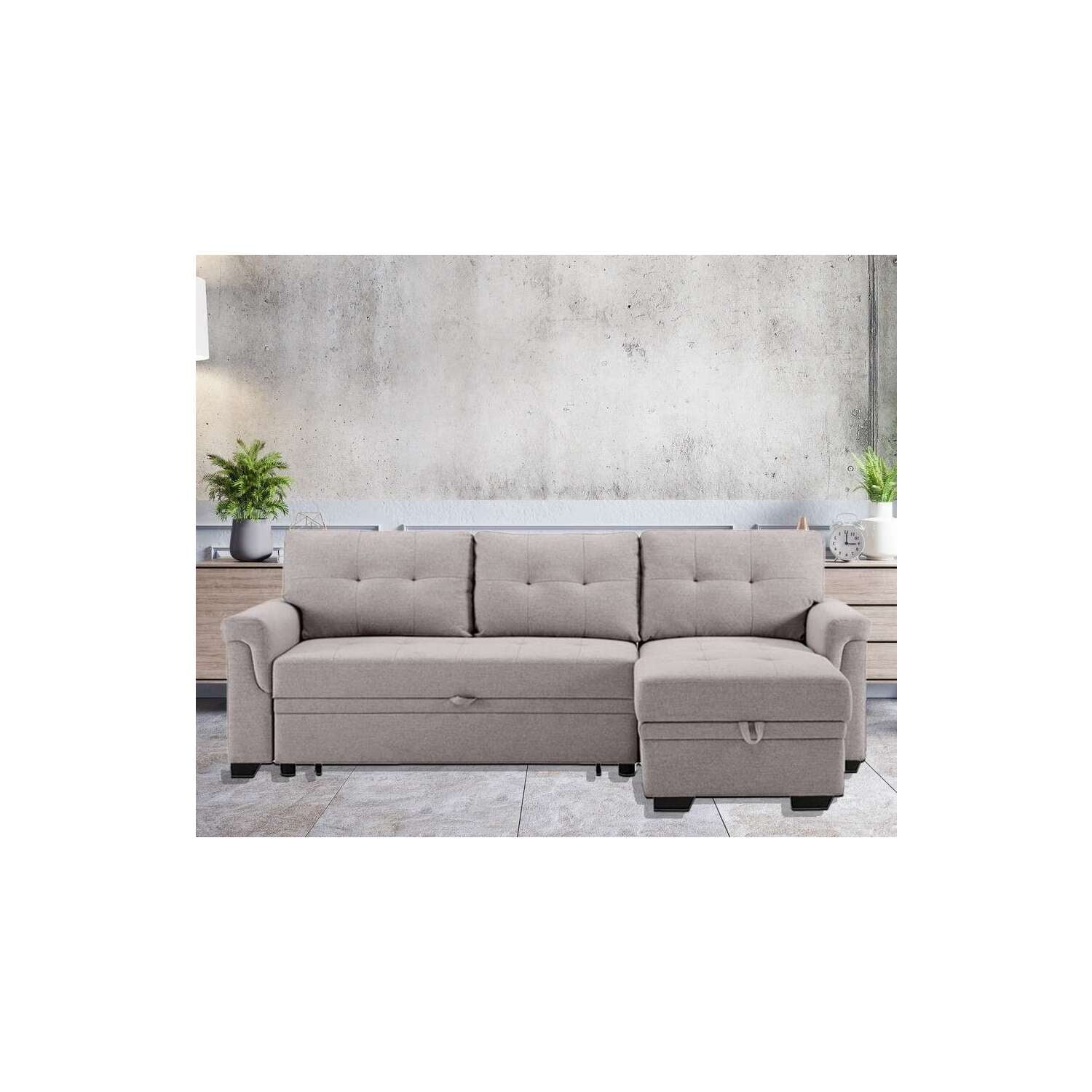 Lilola Home Hunter Light gray Linen Reversible Sleeper Sectional Sofa with Storage chaise