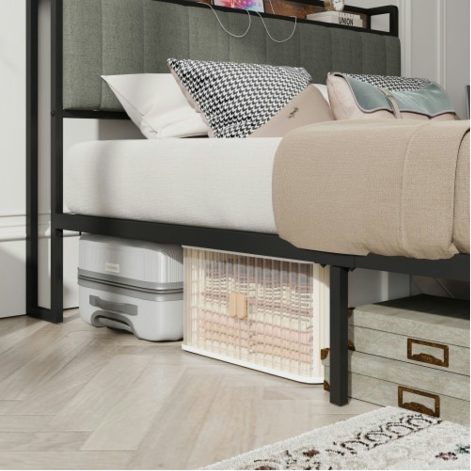 Wisdom Star Queen Size Platform Bed with Charging Stand, Upholstered Headboard, Metal Platform, Dark Gray