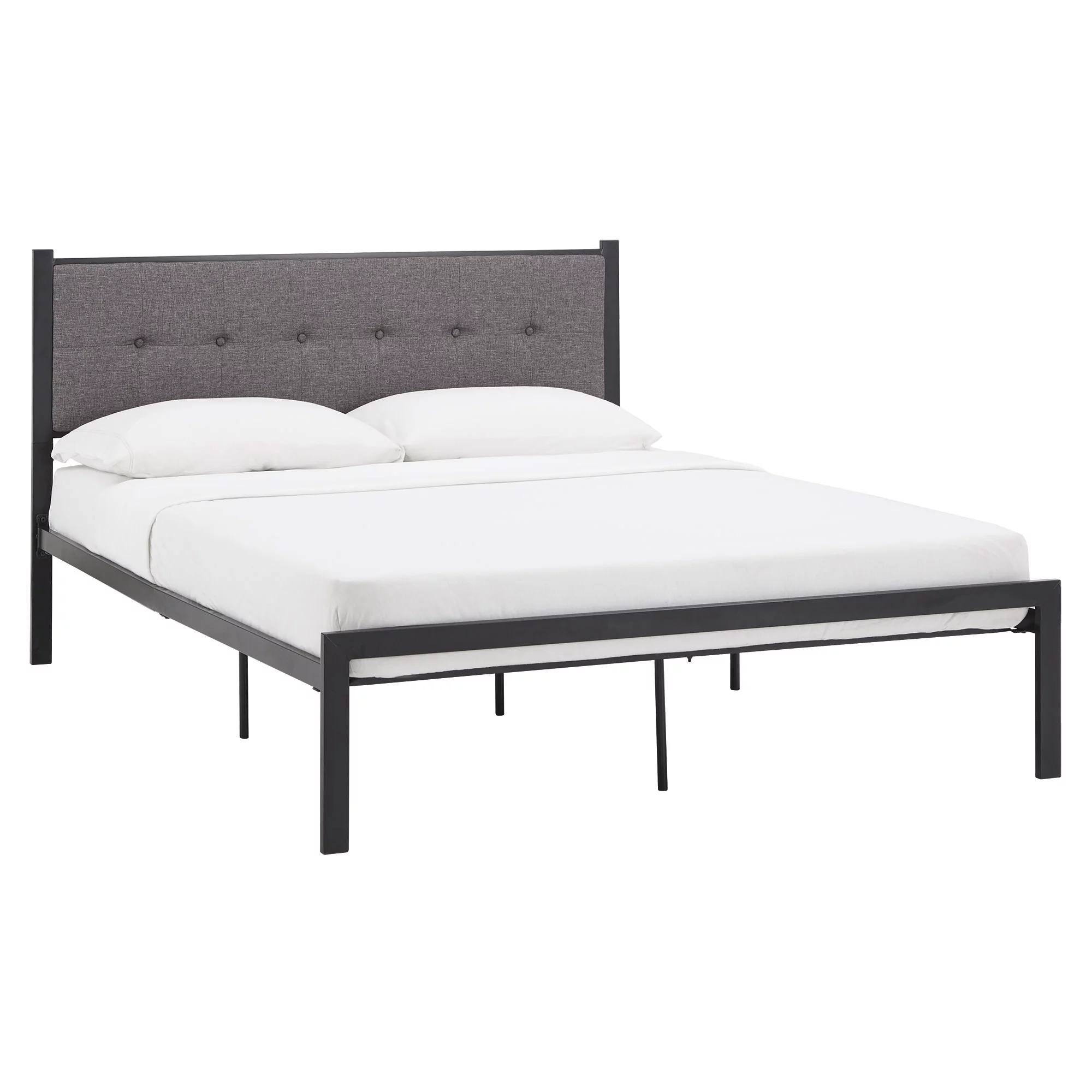 Weston Home Berzelia Metal Full Platform Bed with Tufted Linen Headboard, Gray/Black