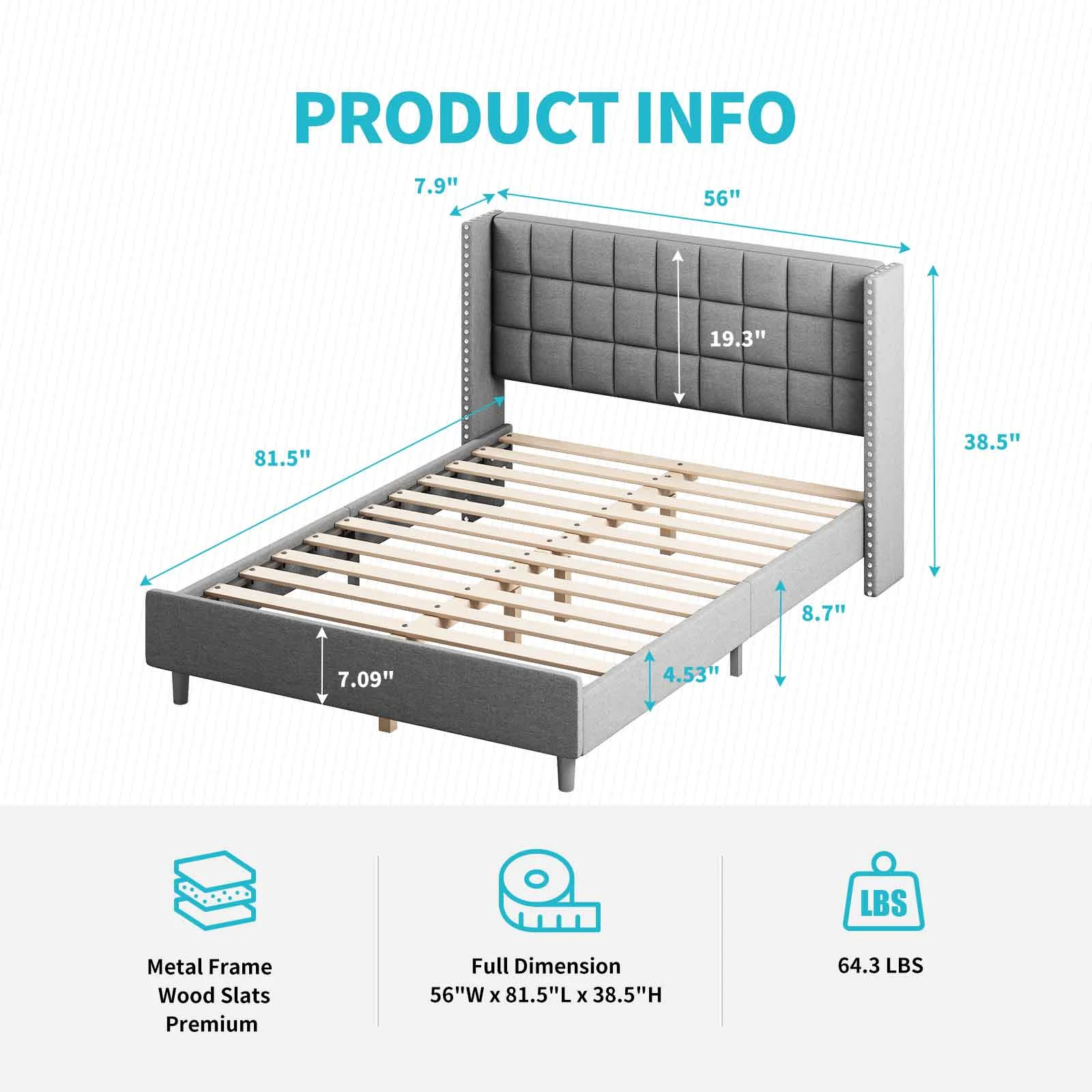 CECER Full Size Bed Frame with Premium Velvet Upholstered & Rivet Design, Wooden Bed Frame with Wingbacks for Bedroom Dark Grey