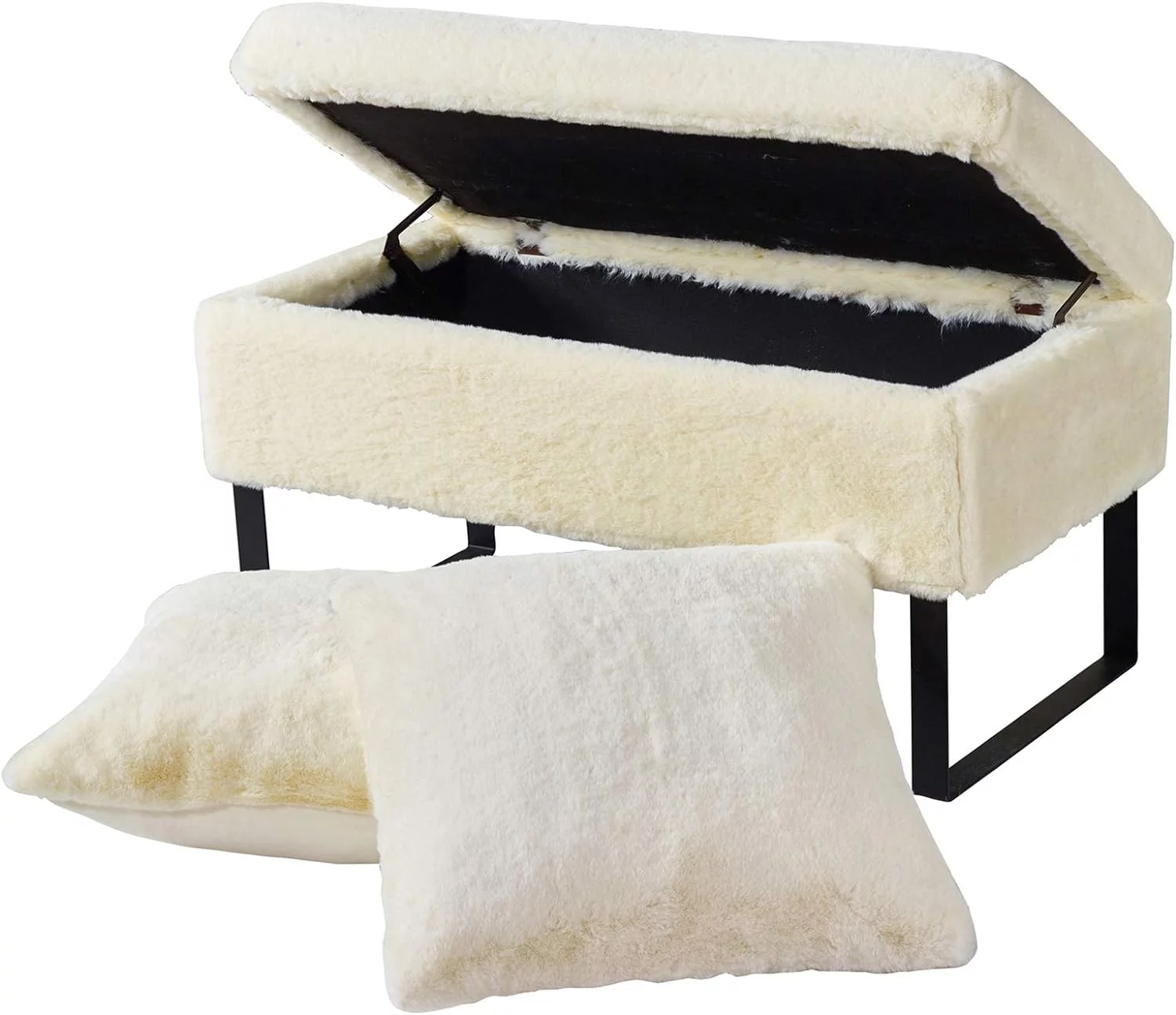 Heavy Faux Fur Storage Ottoman, 36'' X 18'' X 19''H / 20'' X 20'' Pillow Set, Antique White, Foot Rest Stool Ottoman Living Room Bedroom End Of Bed Makeup Entryway Bench Throw Pillow