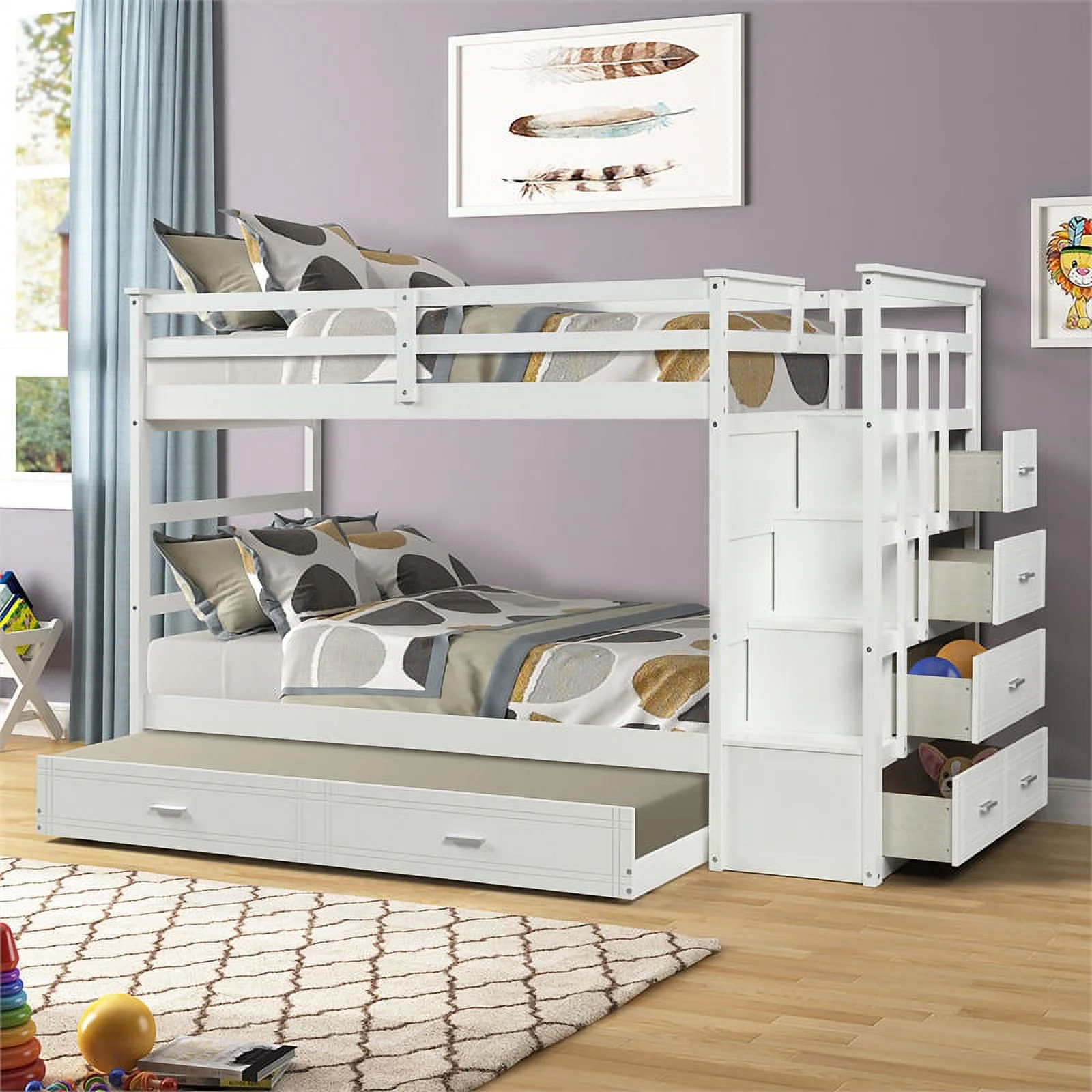 CRO Decor Solid Wood Bunk Bed Hardwood Twin Over Twin with Trundle and Staircase