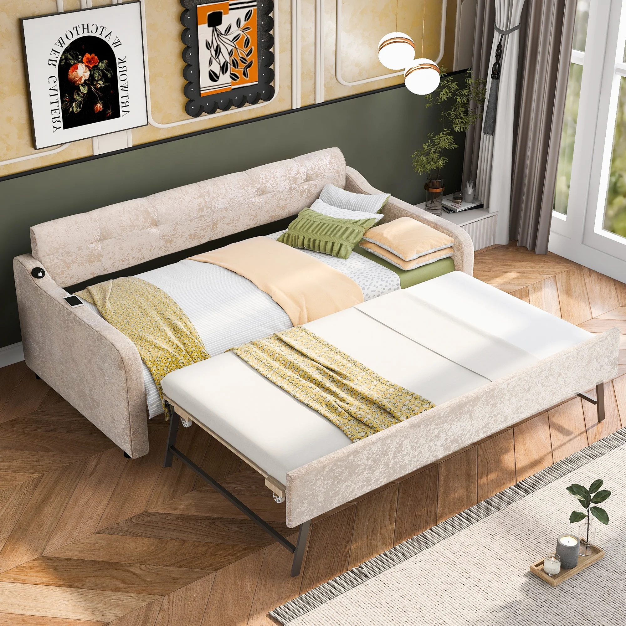 CoSoTower Twin Size Snowflake Velvet Daybed with Trundle and USB Charging Design,Beige