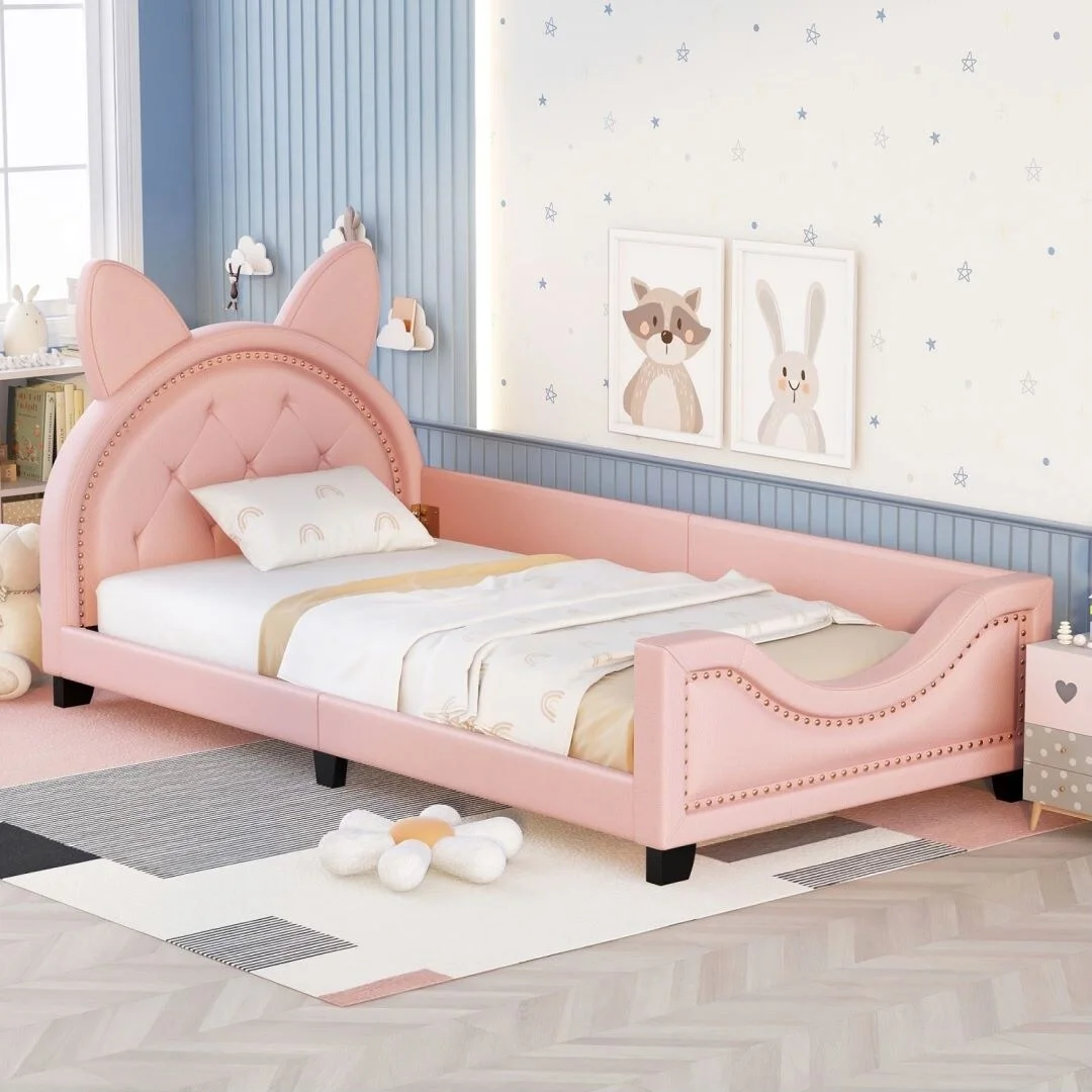 Pink Twin Size Upholstered with Carton Ears Shaped Headboard