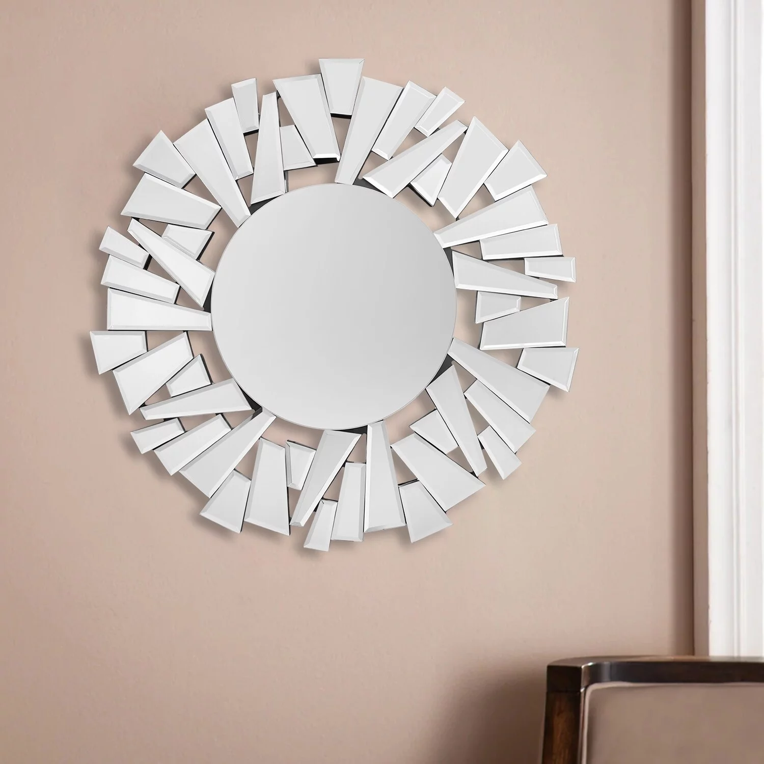 Hompen Sunburst Round Frameless Beveled Wall Mirror 31.5 inch