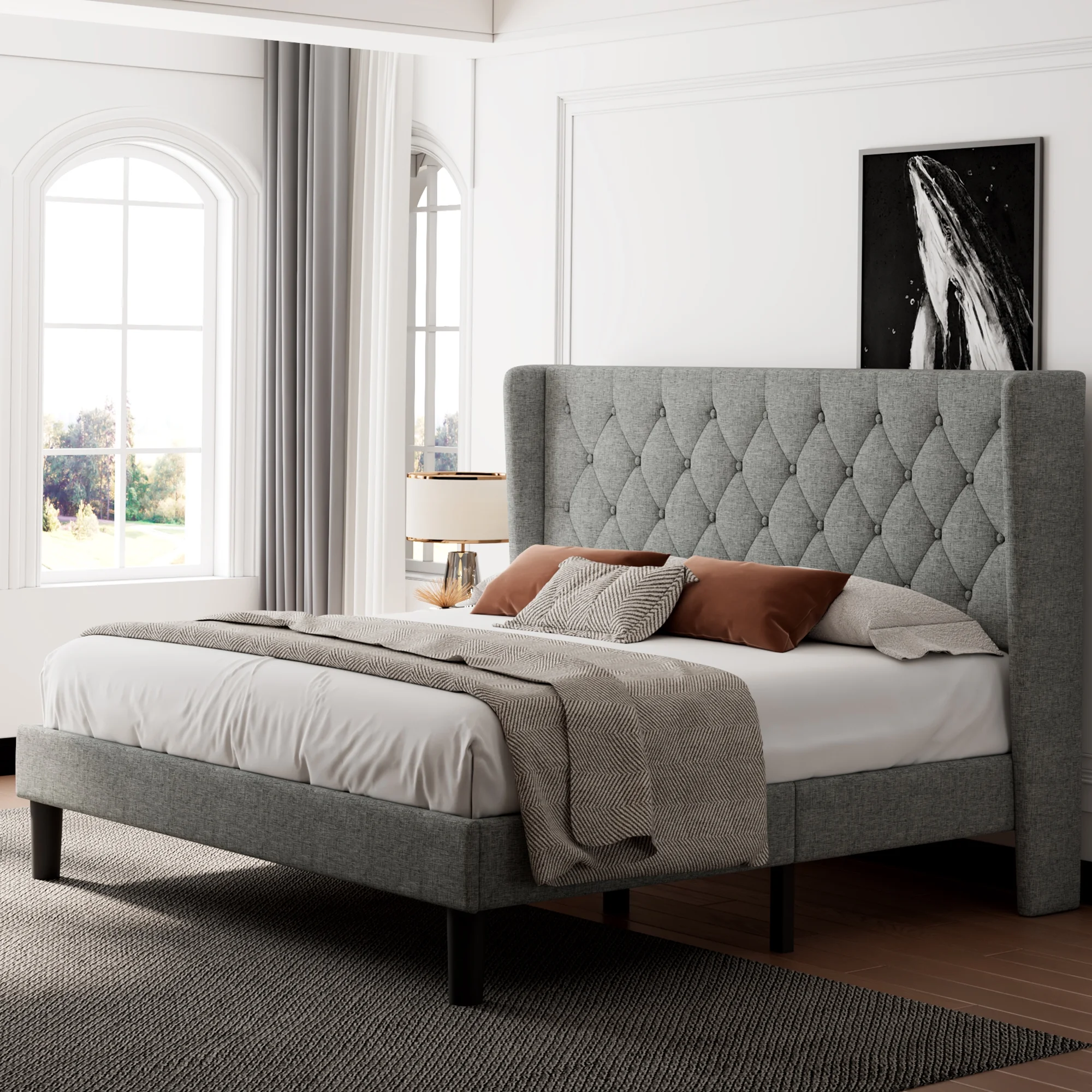 Feonase King Size Bed Frame with Wingback, Upholstered Platform Bed with Diamond Tufted Headboard, Heavy Duty Bed Frame, Wood Slat, Easy Assembly, Noise-Free, No Box Spring Needed, Light Gray