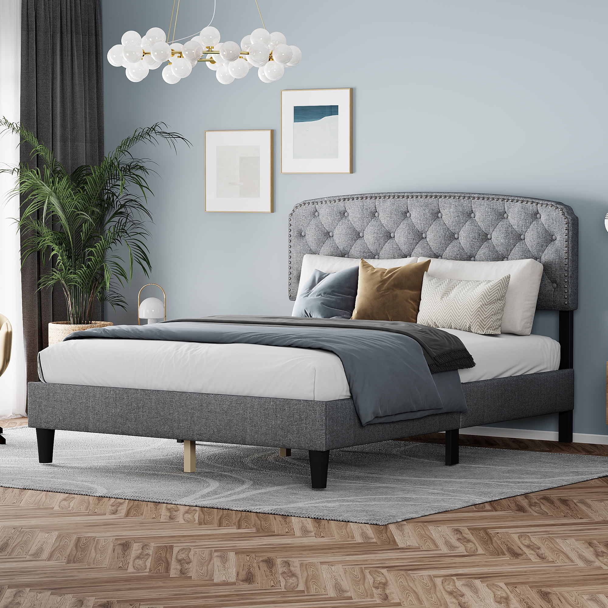 Light Grey Queen Size Adjustable Headboard with Linen Upholstery and Button Tufting, Wave Top Design