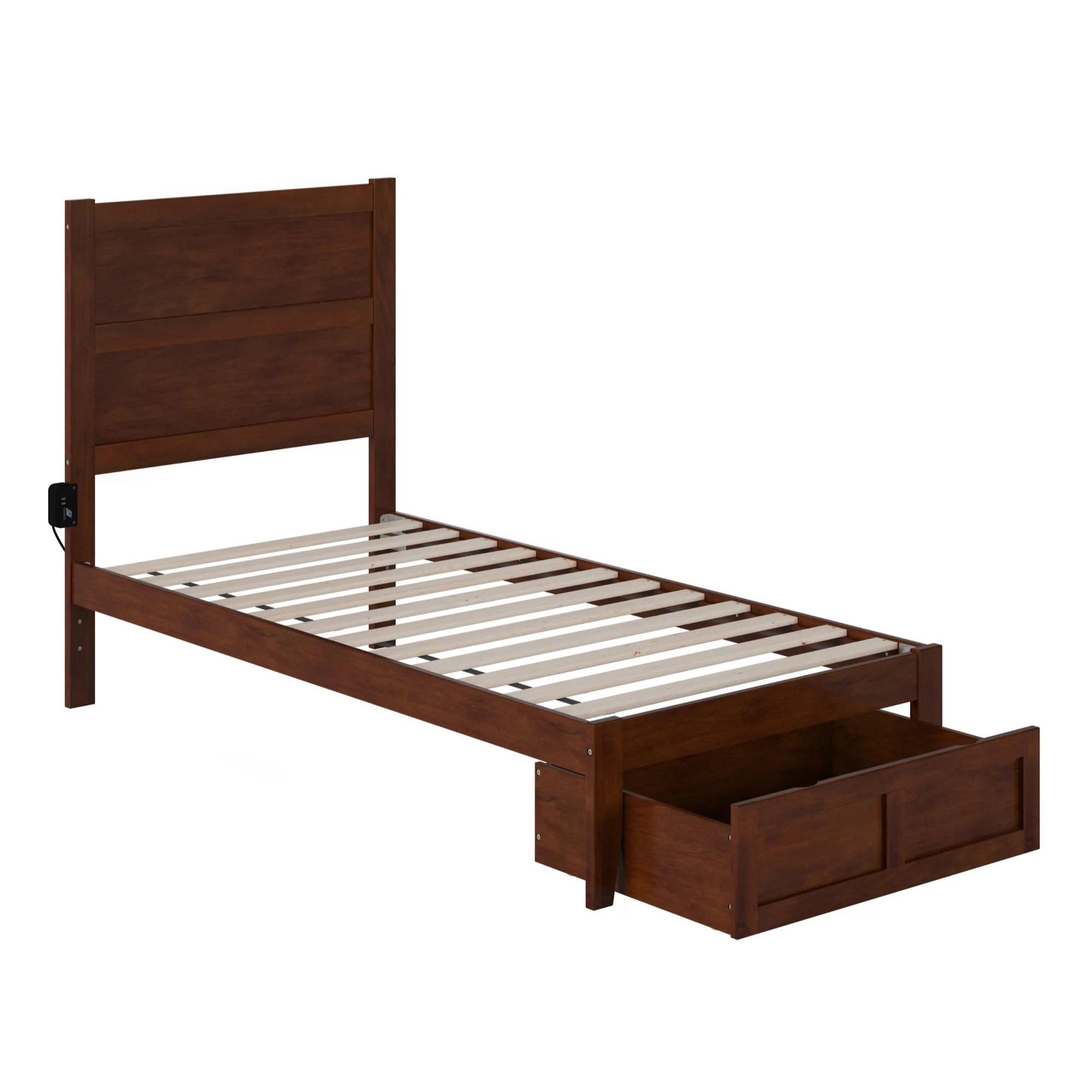 AFI NoHo Contemporary Wood Twin Bed with Foot Drawer in Walnut