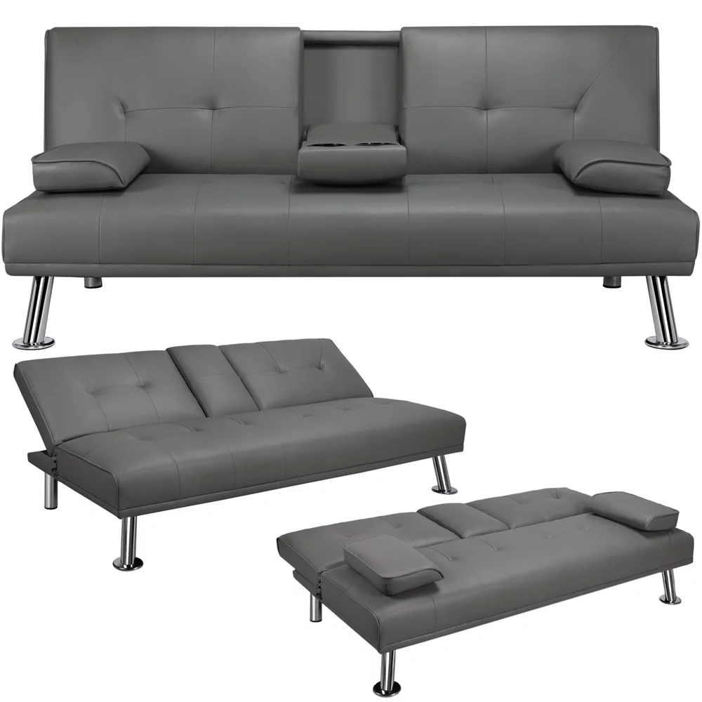 Topeakmart Modern Faux Leather Futon Sofa Bed Home Recliner Couch Home Furniture with Armrest Gray