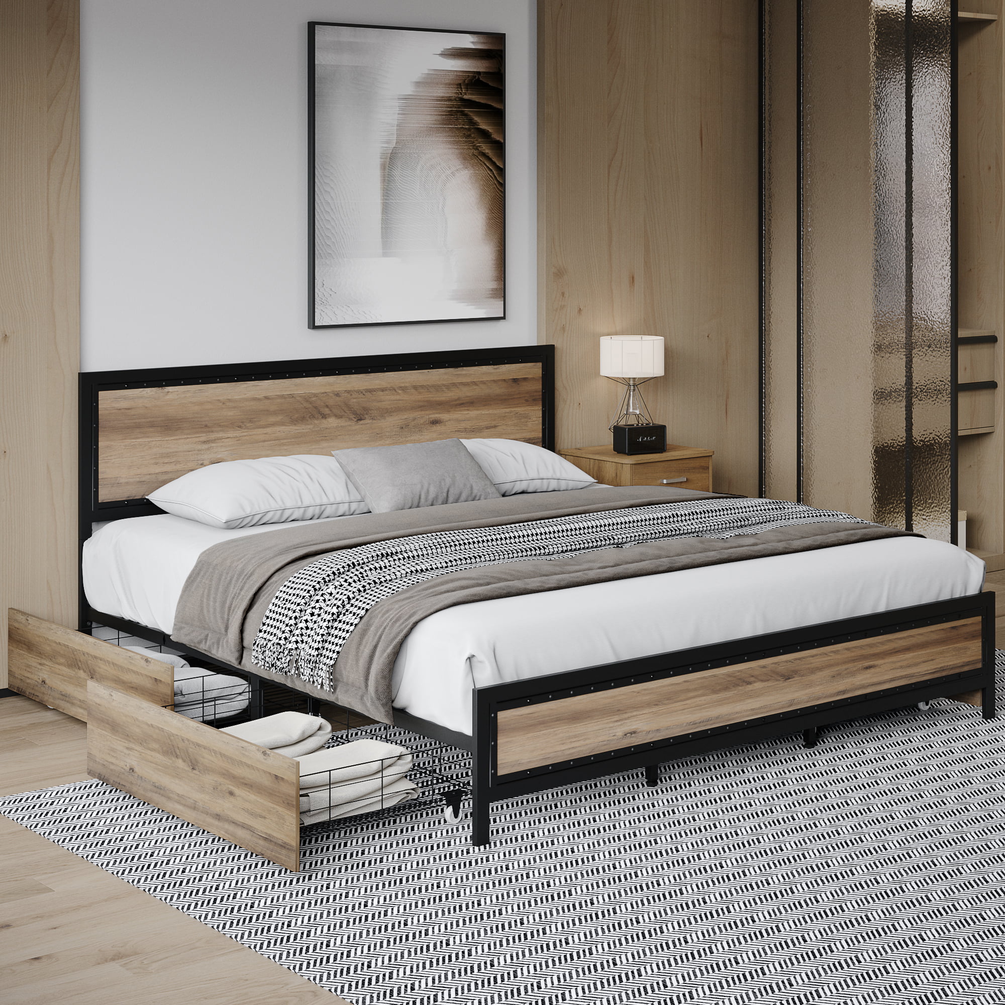 Homfa King 4 Drawer Storage Bed, Heavy Duty Metal Platform Bed Frame with Rivet Headboard, Gray