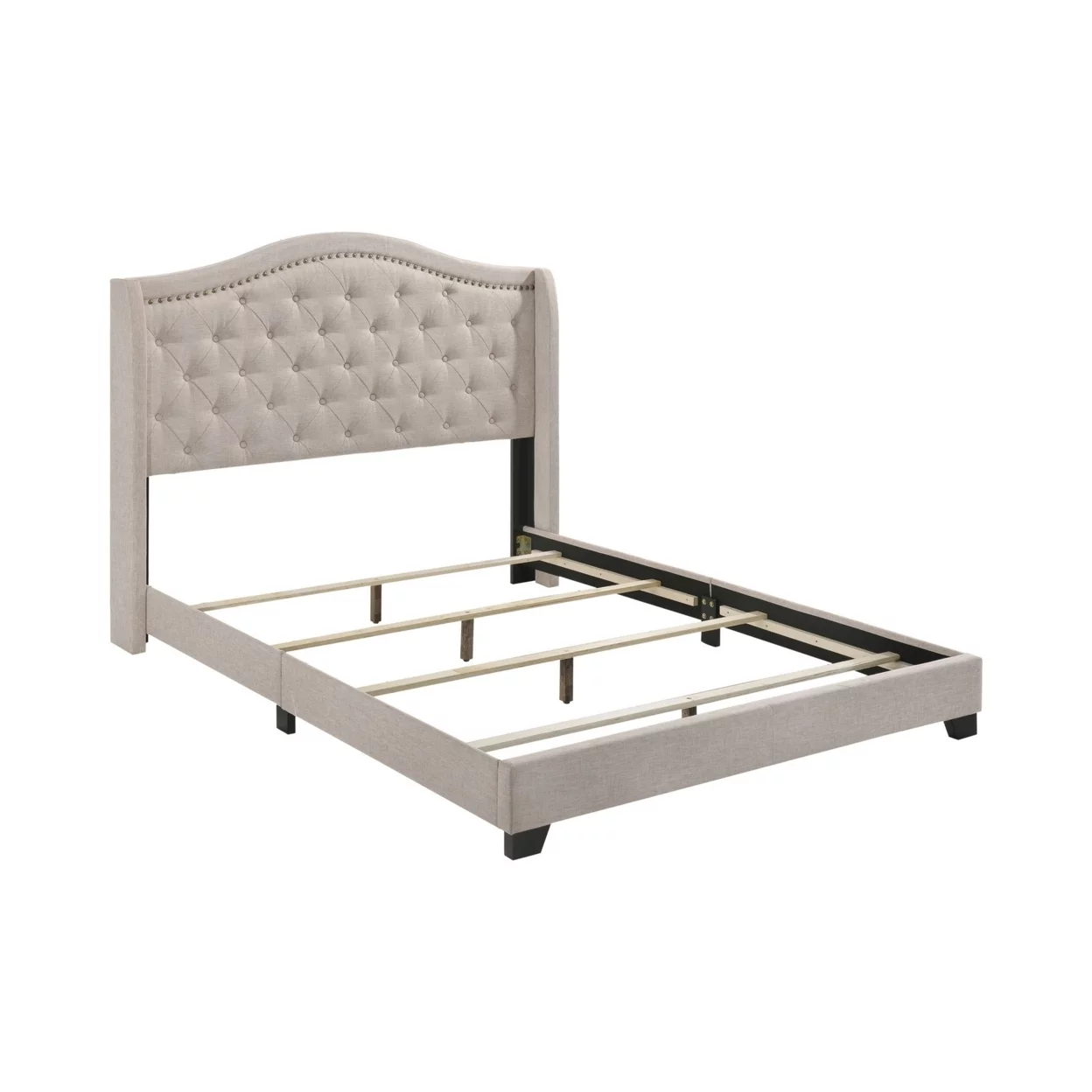 Queen Size Bed, Beige Fabric Upholstered, Camel Back, Button Tufted