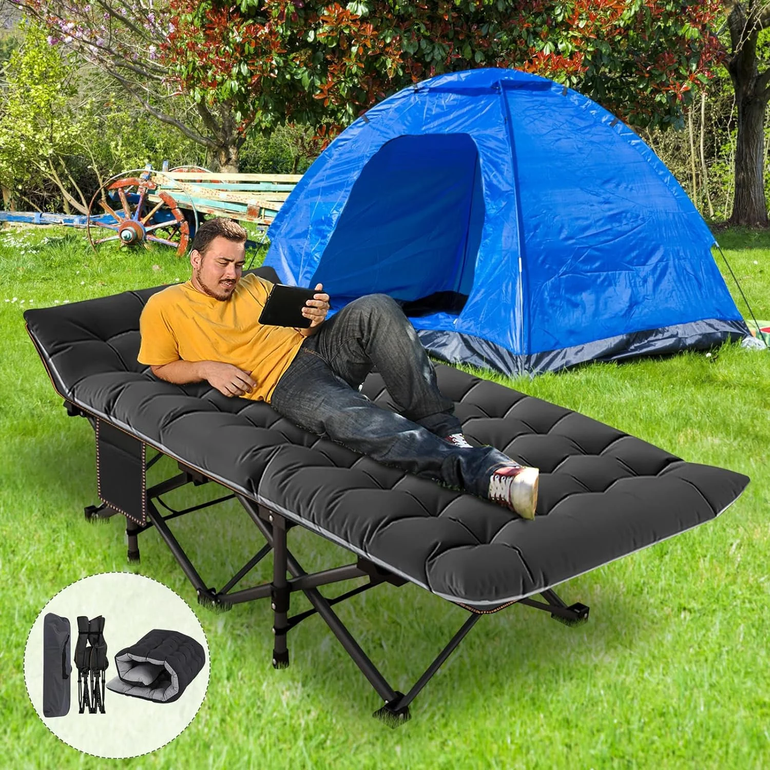 ABORON Folding Camping Cot for Adults & Kids, Folding Guest Bed Cots,Sleeping Cot Folding Bed with 2 Sided Mattress & Carry Bag