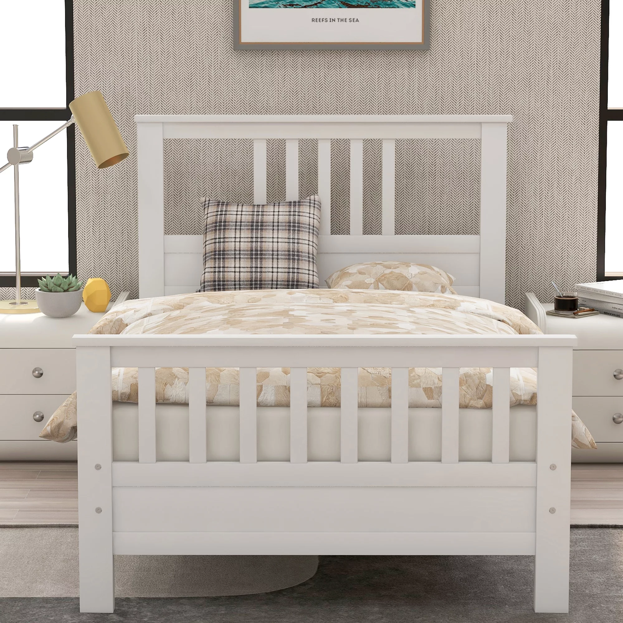 Wood Platform Bed with Headboard and Footboard, Modern Bed Frame with Solid Wood Slat and Support Legs for Bedroom, No Box Spring Need