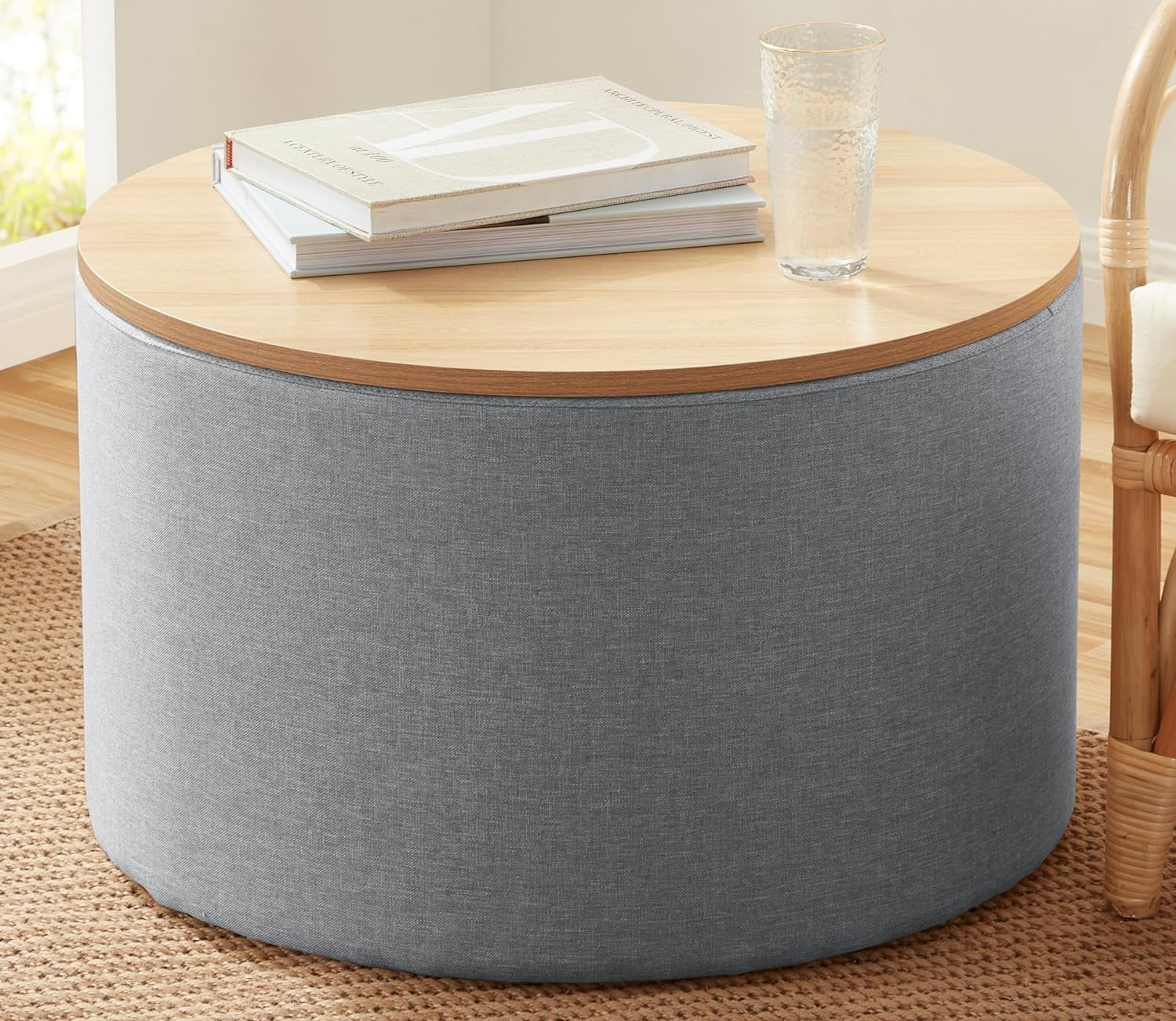 Ornavo Home Parker Large Round Storage Coffee Table Ottoman with Wooden Lift Off Lid, Ottoman with Storage for Living Room, Bedroom and Office, Linen Gray
