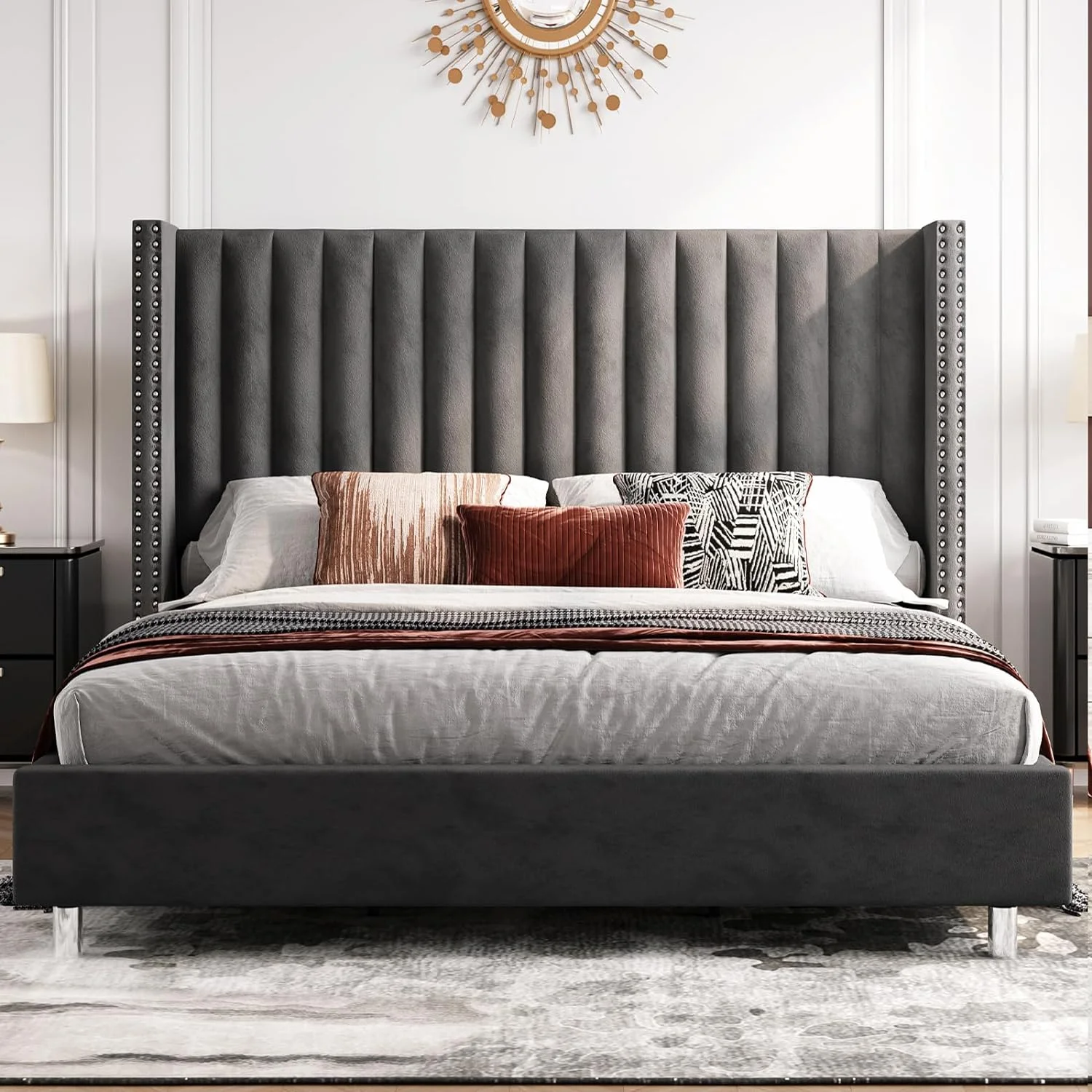 PaPaJet Queen Bed Frame Queen Size Upholstered Bed With Wingback Headborad Velvet Channel Tufted/No Box Spring Needed/Easy Assembly/Dark Grey