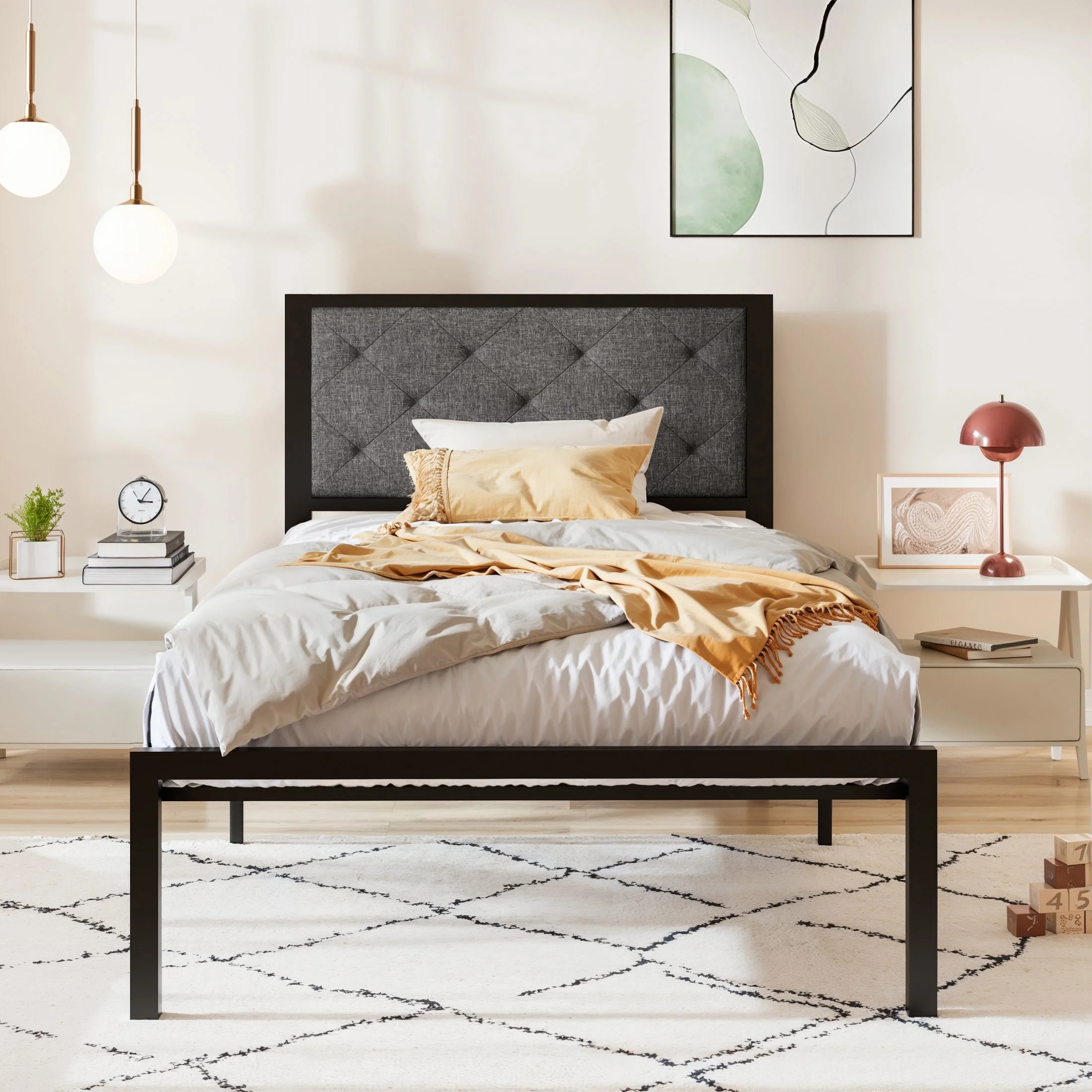 Allewie Twin Size Metal Platform Bed Frame with Tufted Diamond Stitched Fabric Headboard, Dark Grey