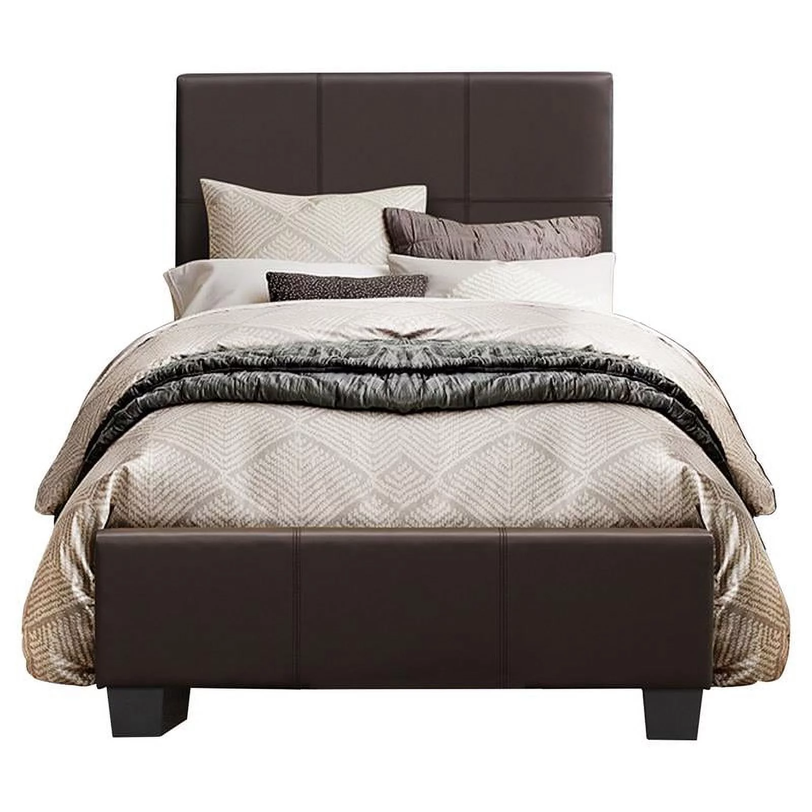 Pemberly Row Contemporary Wood and Faux Leather Twin Bed in Dark Brown