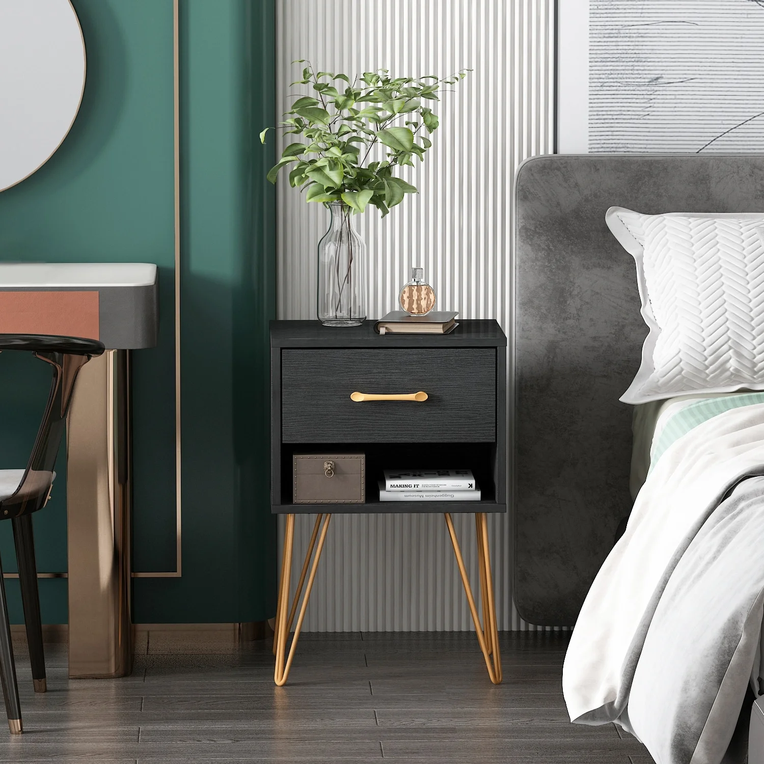 TQ Timechee 23.6'' Tall 1 - Drawer Wood Nightstand Metal Legs(1 Piece) Black