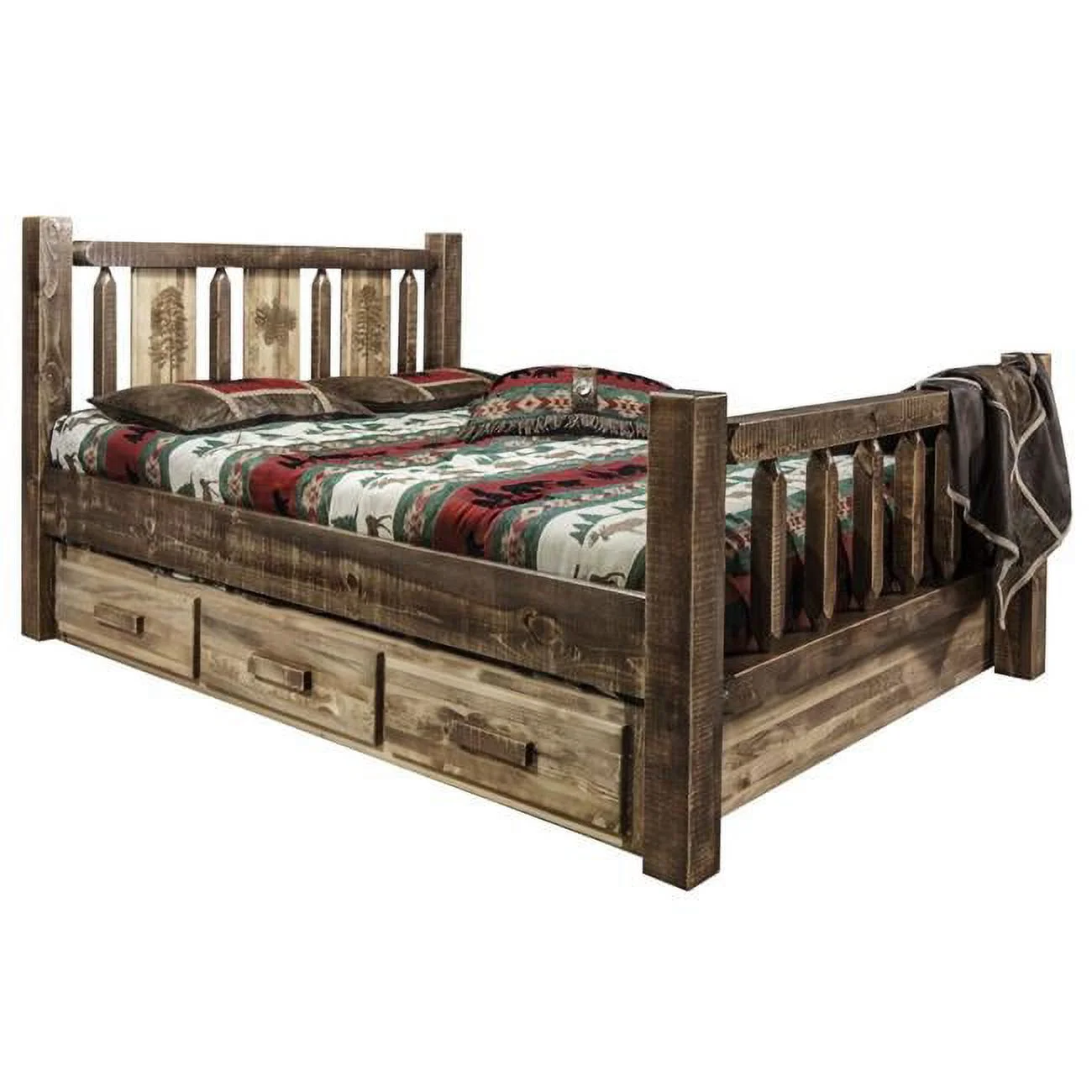 Montana Woodworks Homestead Storage Bed with Laser Engraved Pine Design, Stain & Clear Lacquer - Queenl Size