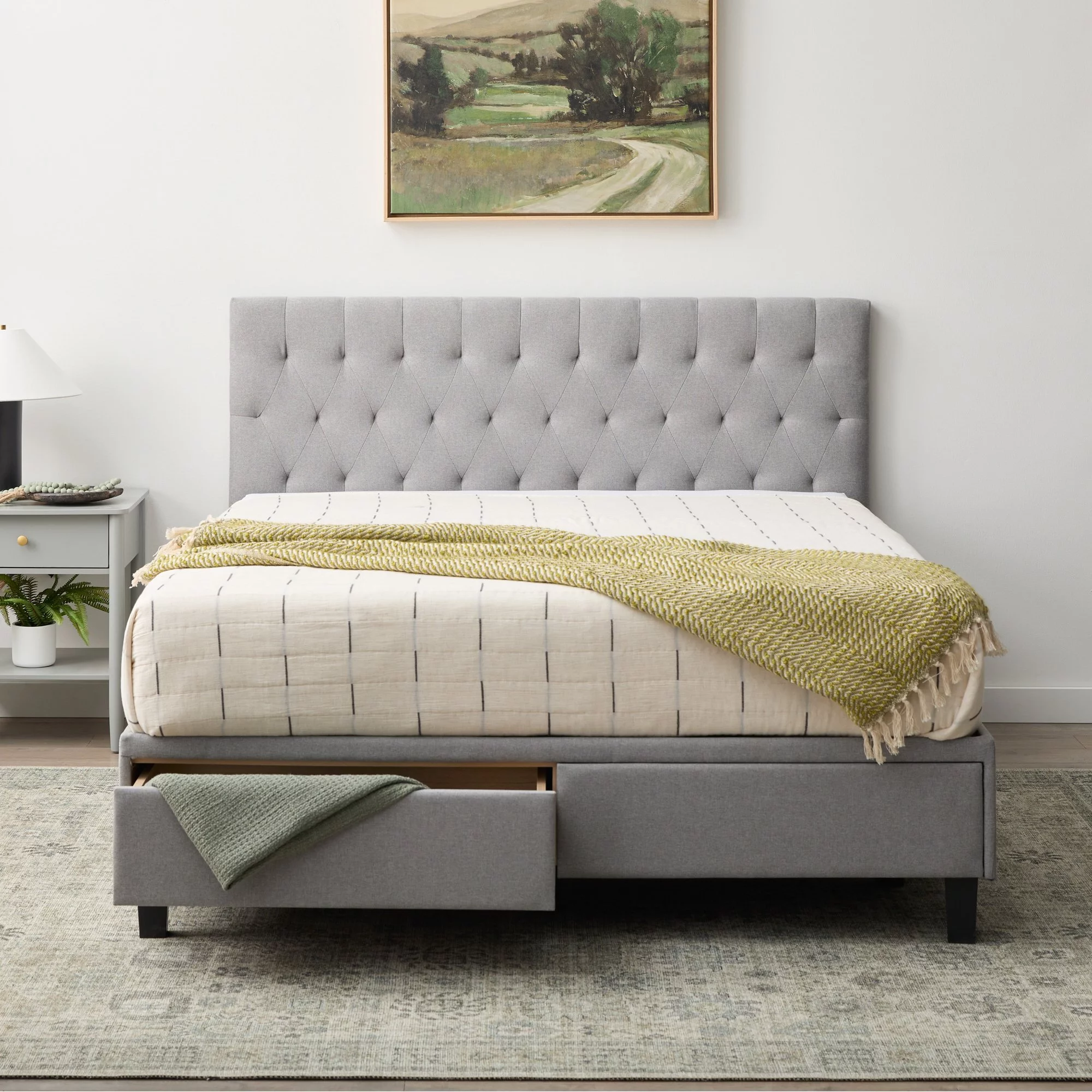 Rest Haven Jasper Upholstered Platform Bed with Drawers, Queen, Stone