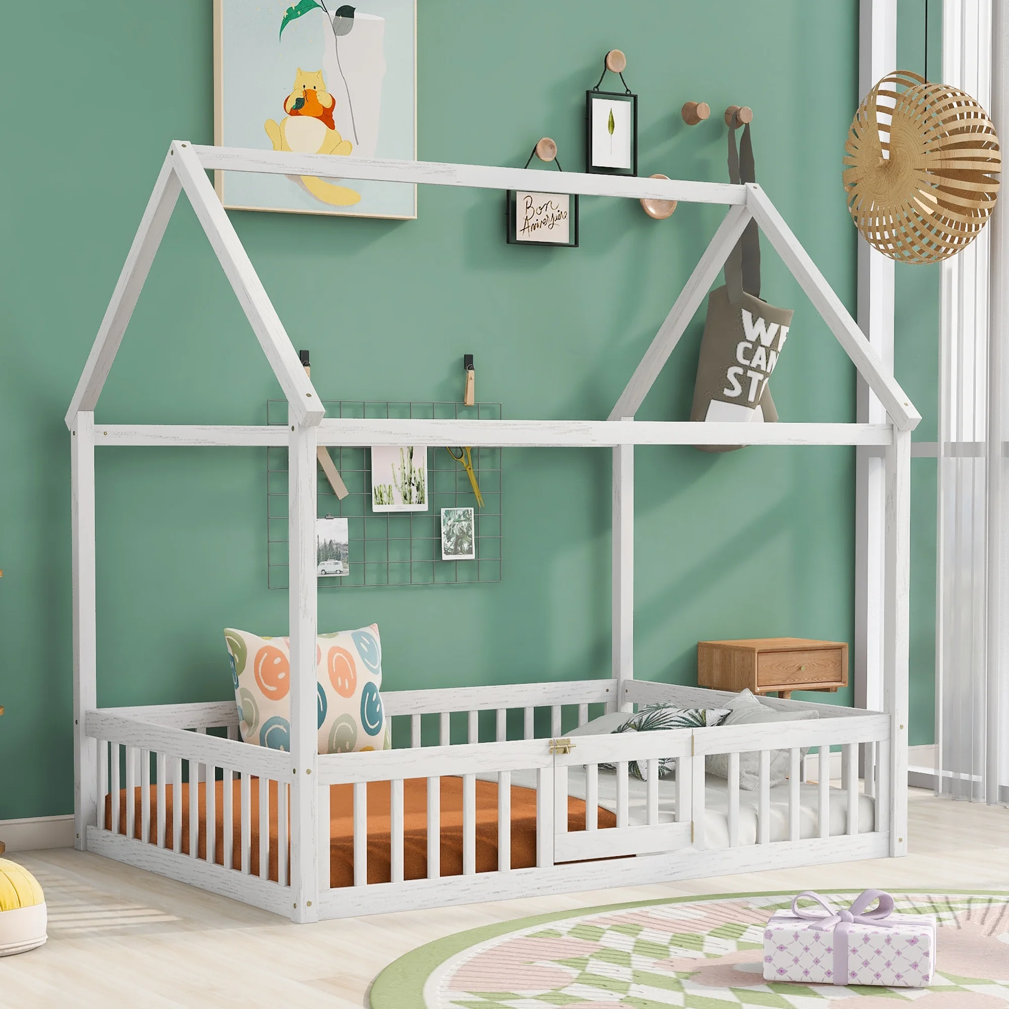 CoSoTower Full Size Wood House Bed with Fence and Door, White Wash