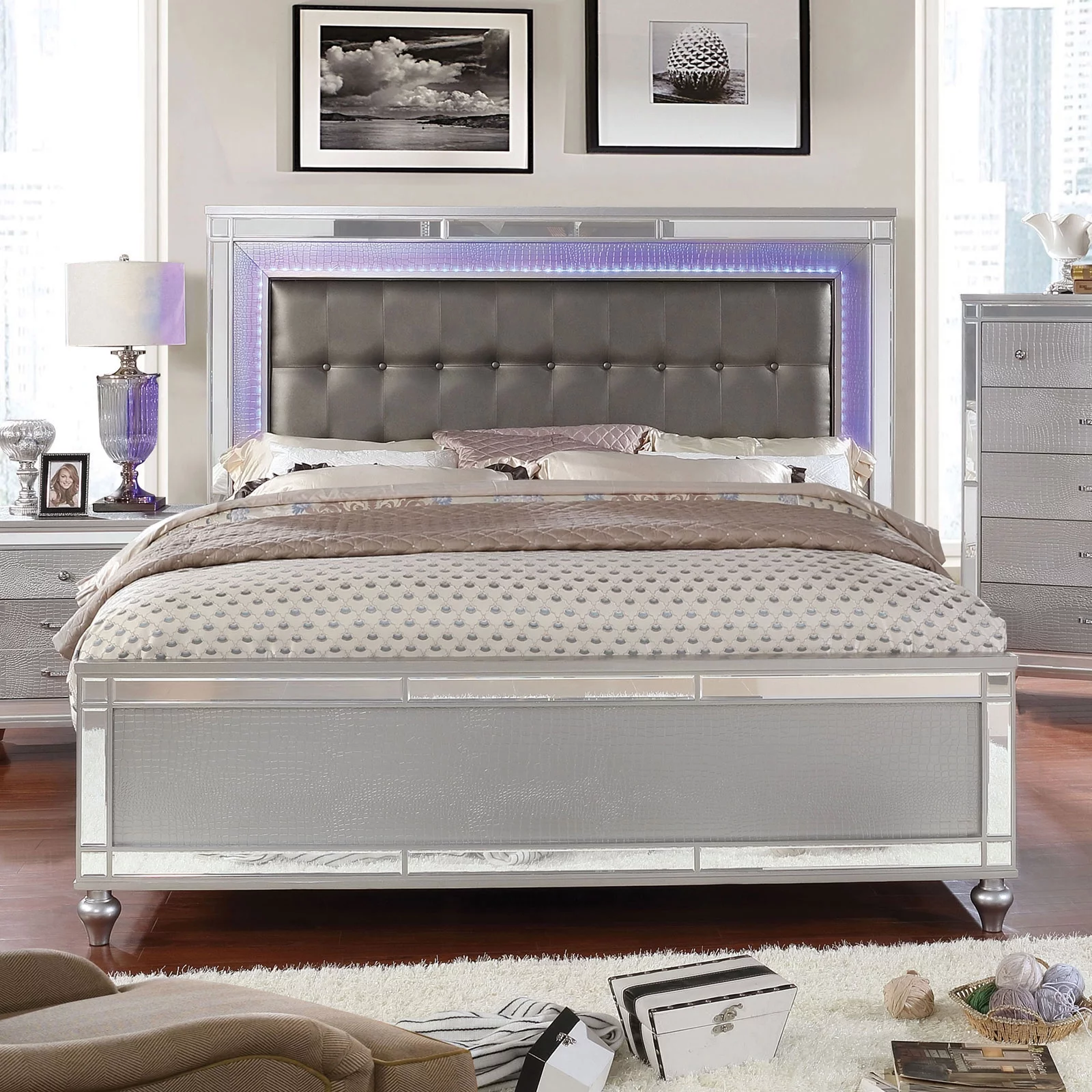 Silver Color Contemporary Style California King Size Bed 1p Bedframe Bedroom Furniture Button Tufted Headboard W LED Mirror Trim