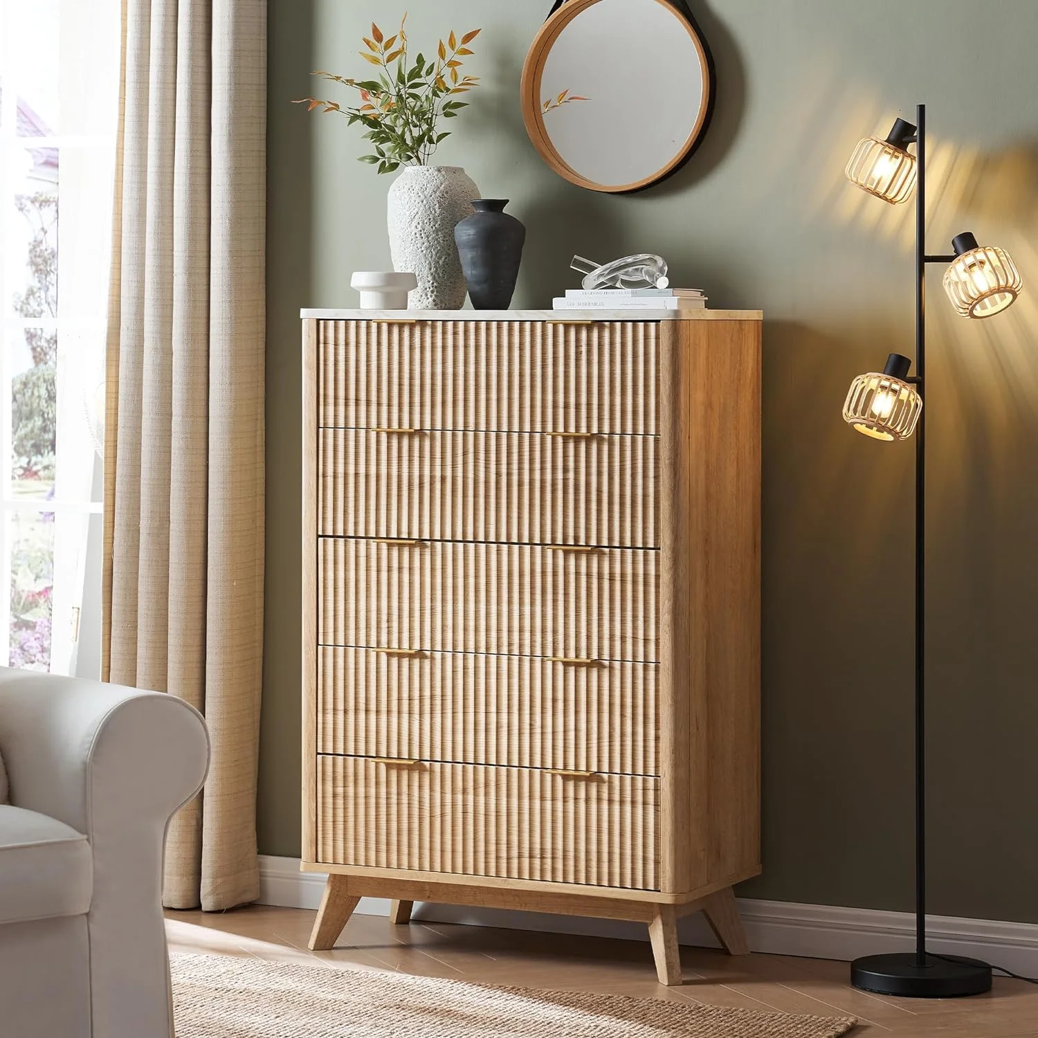 OKD 5 Drawers Dresser with Faux Marble Top, Modern Storage Cabinet for Bedroom, Chest of Drawers Wood Organizer for Living Room (Natural Oak)
