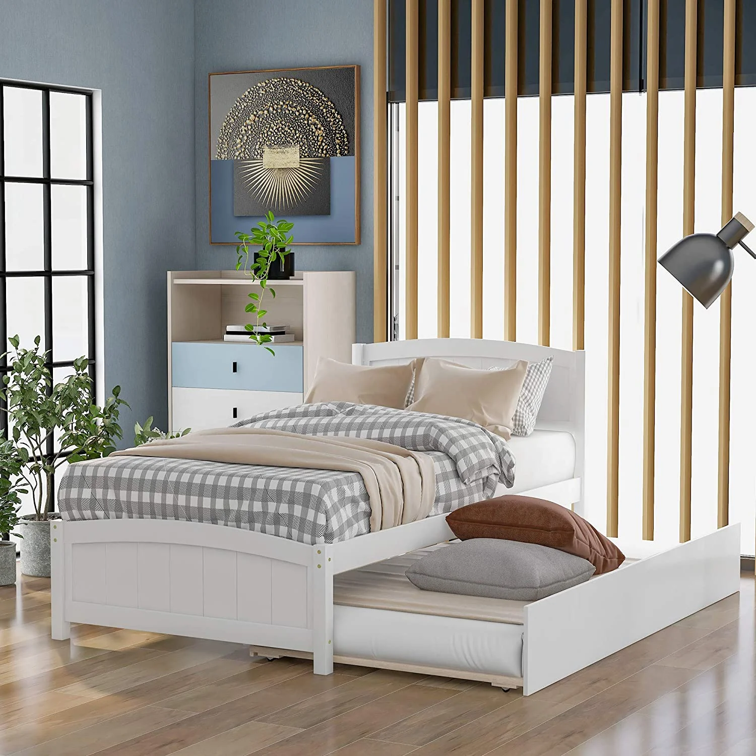 Size Platform Bed With Trundle, Solid Wood Bed Frame With Headboard, Pull Out Trundle Bed With Slat Supports For Teens, Adults, No Box Spring Needed (White)
