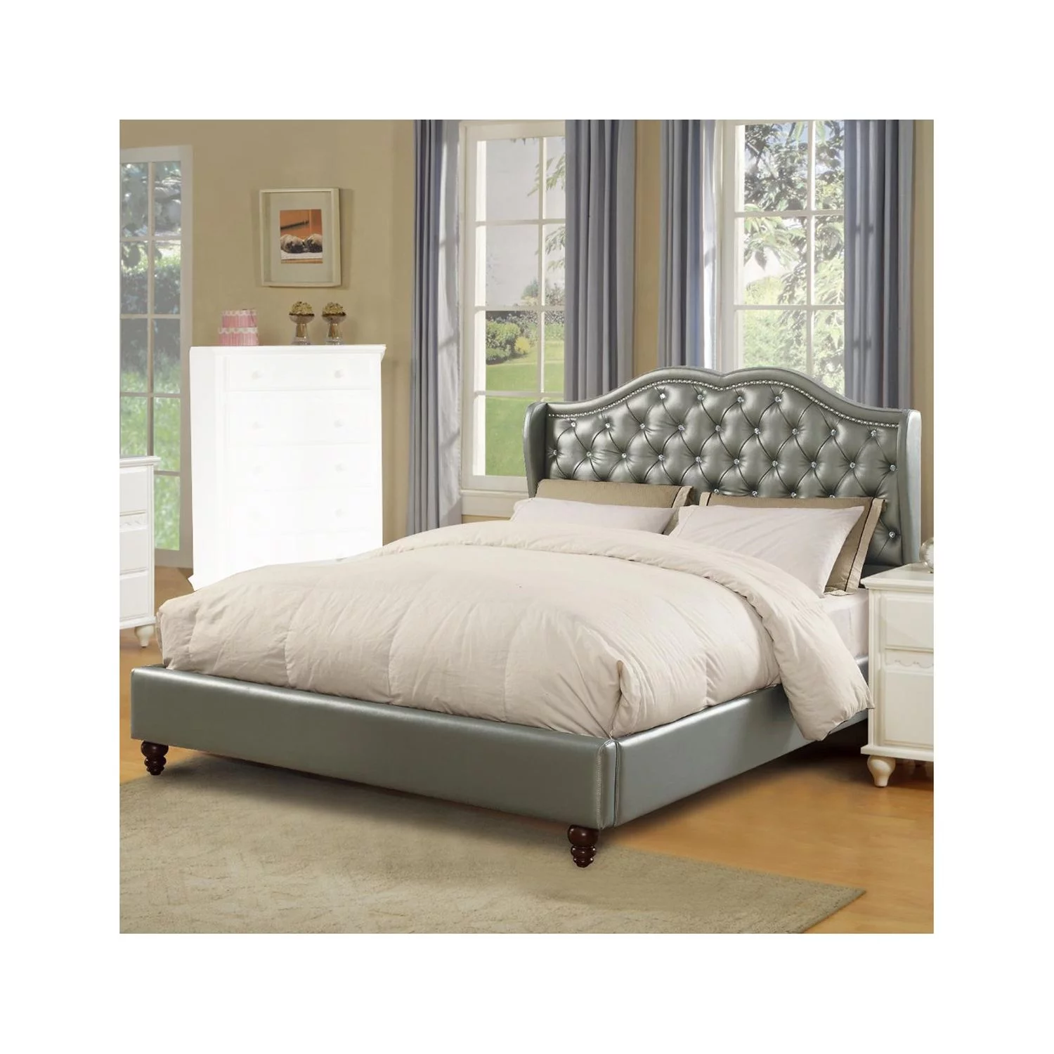 BenJara Opulent Full Wooden Bed With PU Tufted Headboard, Silver-Color:Silver