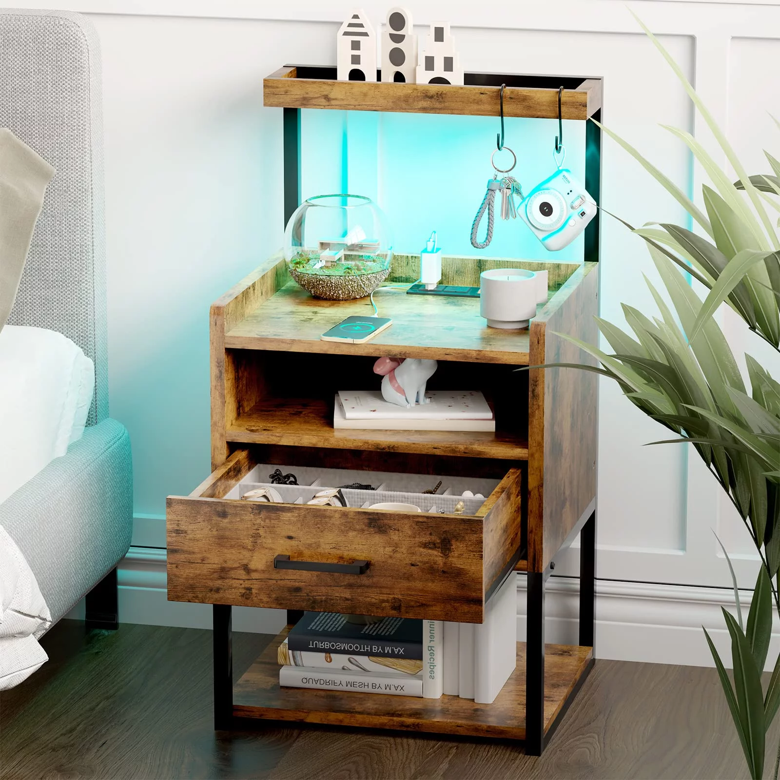 Tiptiper Nightstand with Charging Station and LED Lights, Night Stand with Drawer, Modern Bedside Tables for Bedroom, Rustic Brown