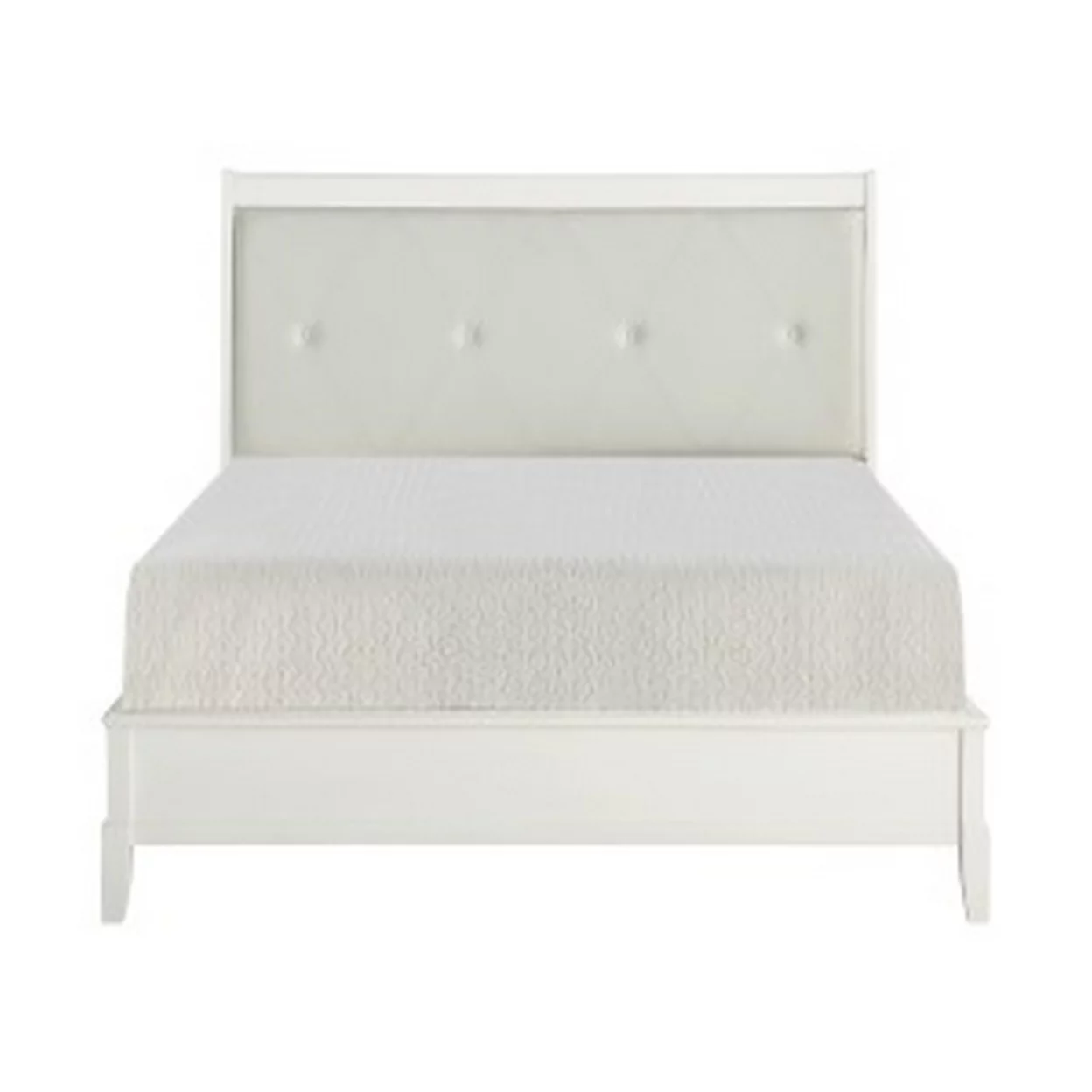 Hadly Classic Queen Sleigh Bed, Button Tufted Headboard, White Faux Leather- Saltoro Sherpi