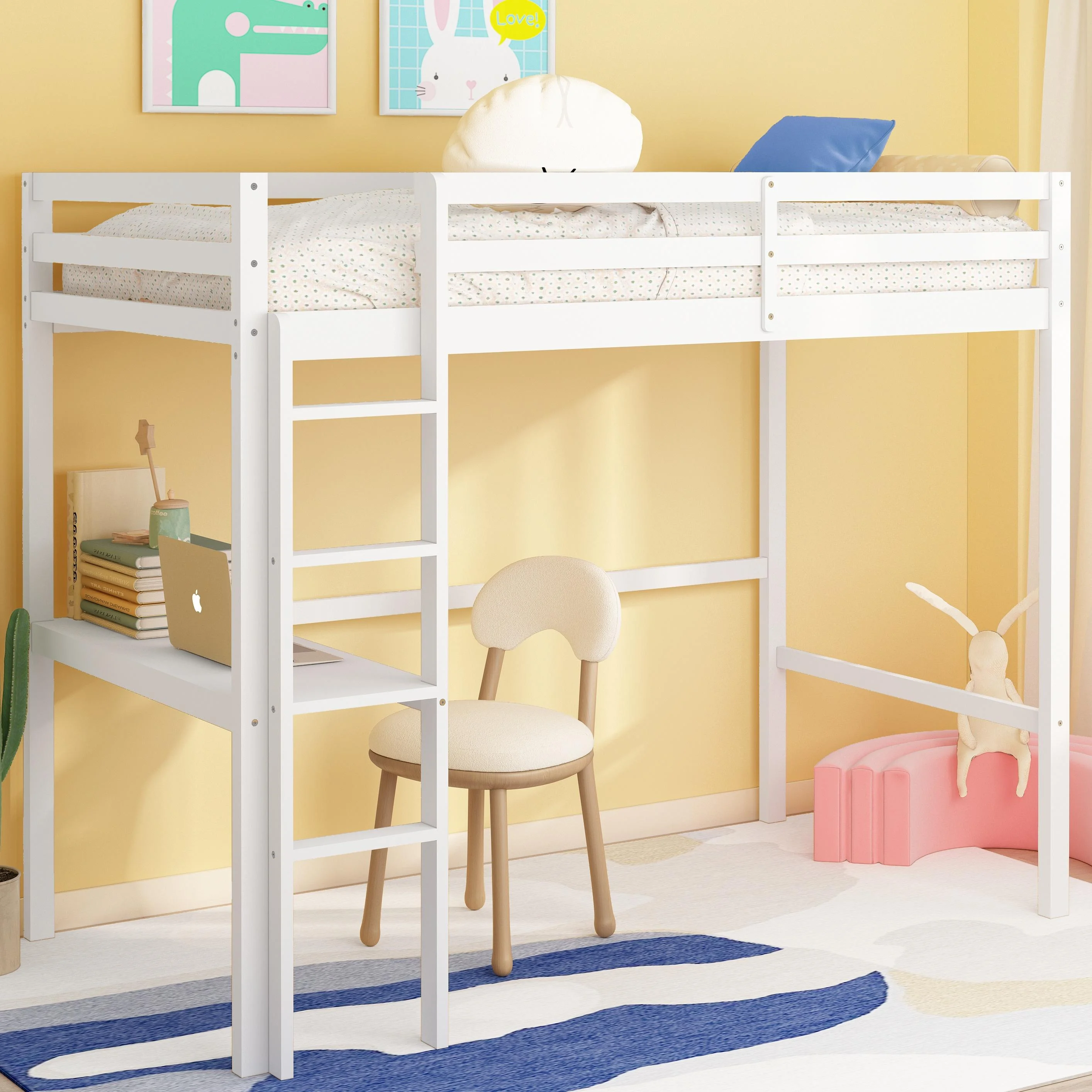 Wood Loft Bed with Desk, BTMWAY Twin Size Loft Bed Frame for Kids Room, Twin Loft Bed with Built-in Desk and Shelf, Wood Loft Bed Frame, Modern High Loft Bed, 200lbs Weight Capacity, White