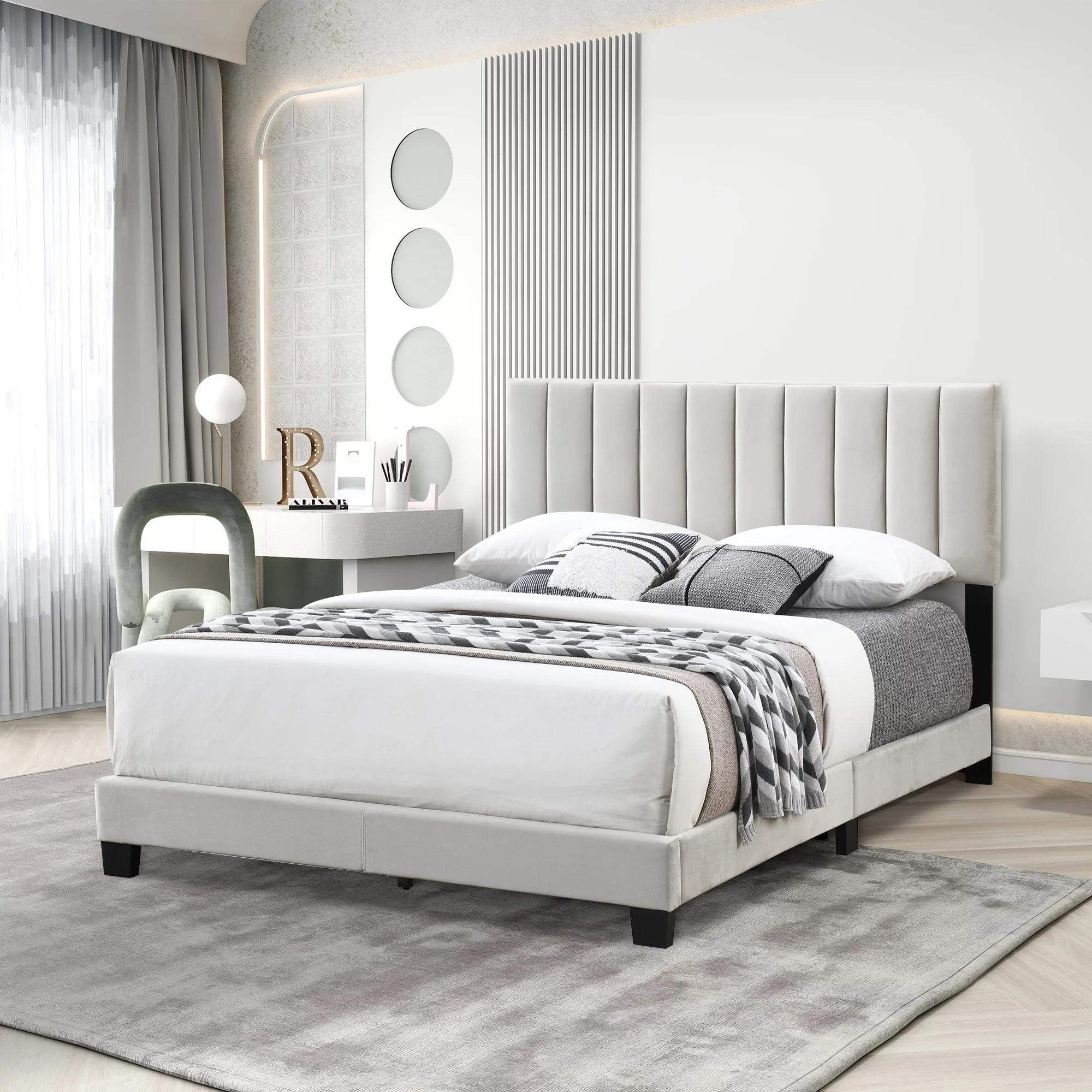 Queen Size Bed Frame Upholstered Platform with Headboard, Mattress Foundation with Wood Slats Support, No Box Spring Needed, Easy Assembly, Noise-Free, Beige