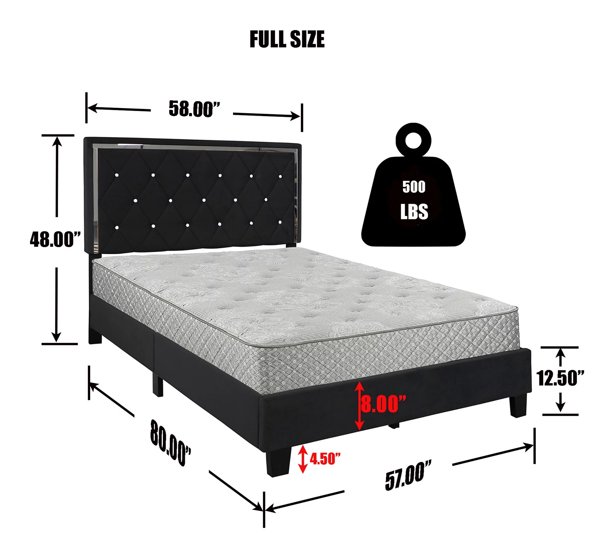 Home Bedroom Furniture Monica Velvet Upholstered Full Platform Bed - Black