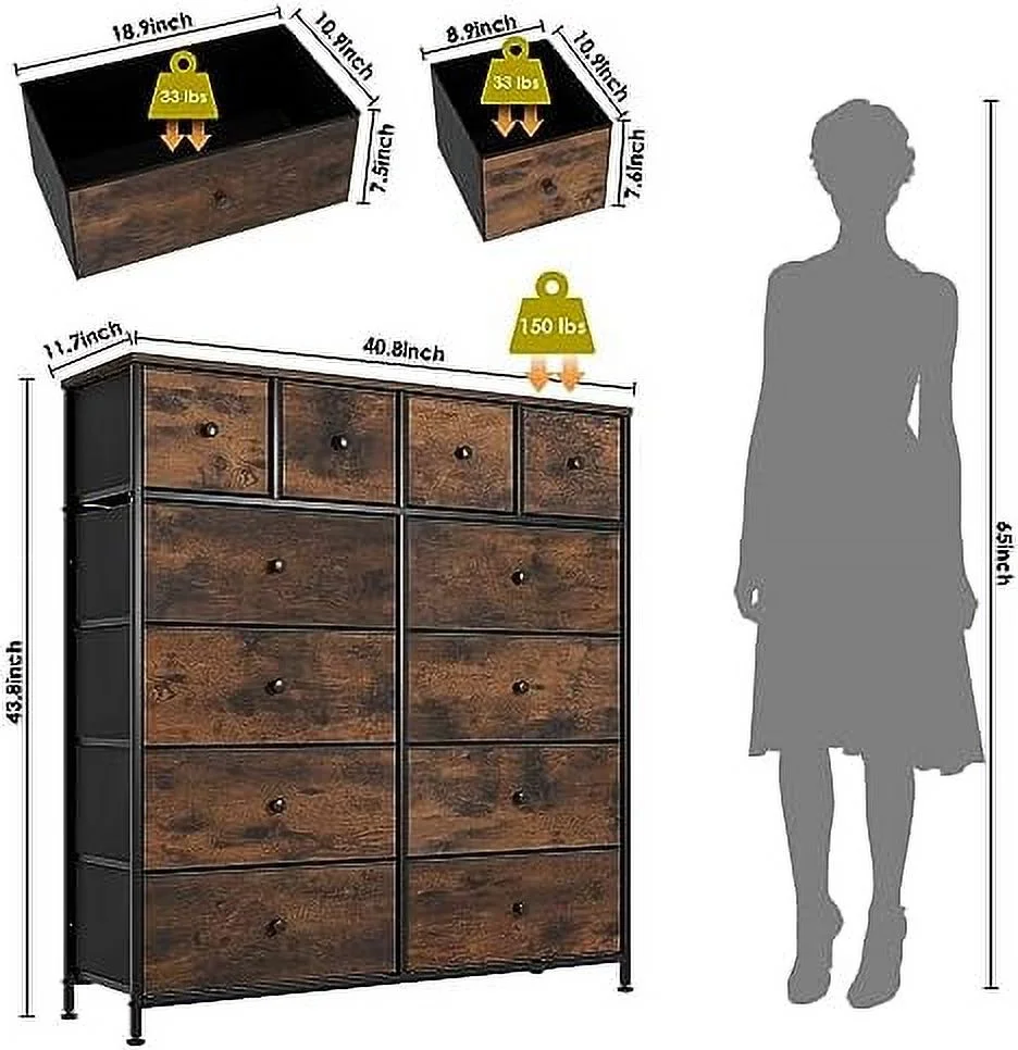 TJUNBOLIFE 12-Drawer Dresser  Fabric  Tower w/Textured Print Fabric Bins  Tall Chest Organizer Unit for Bedroom  Living Room  Hallway  Nursery  Closets  Adjustable Feetpad  Wood Top  5-La