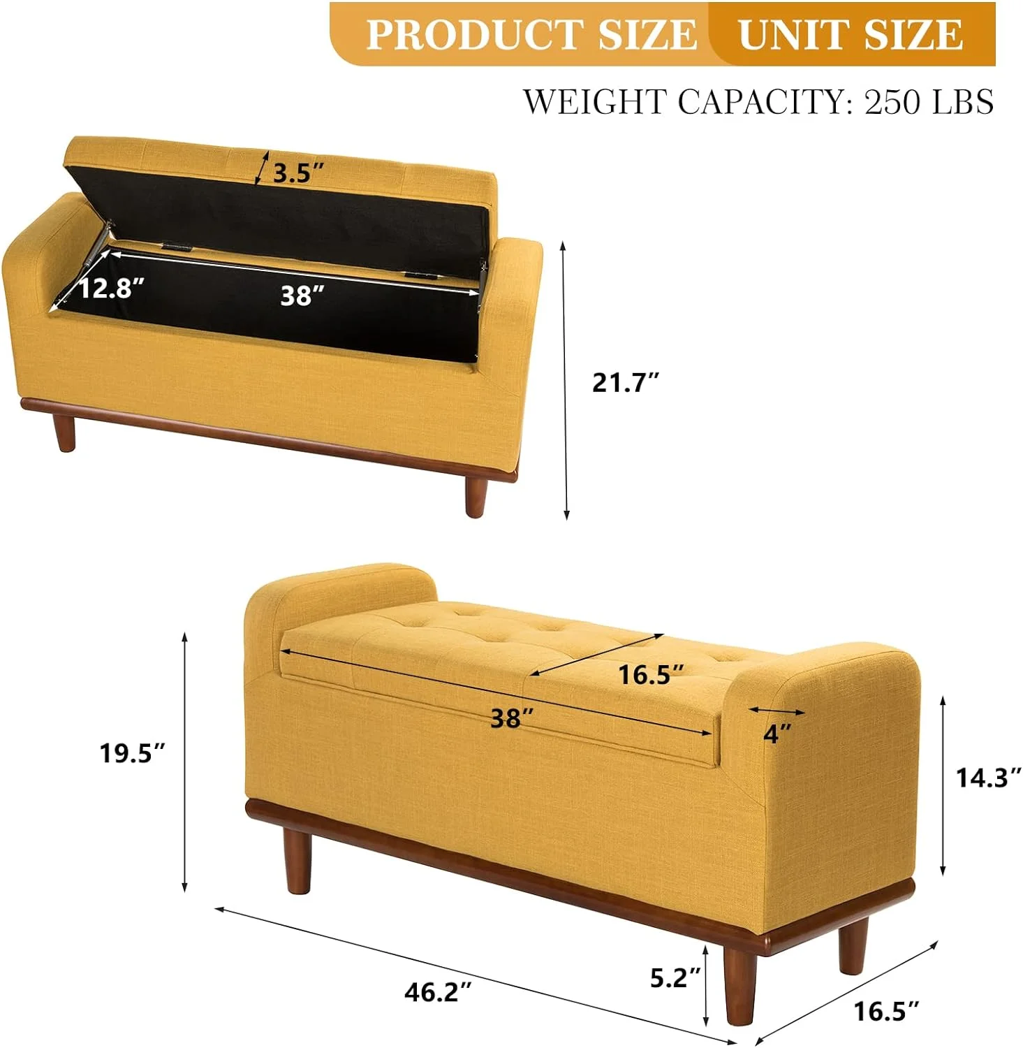 Storage Ottoman Bench With Arms & Wooden Legs, Button Tufted Bedroom Bench For End Of Bed, Upholstered Accent Bench For Entryway Living Room Dining Room, Mustard