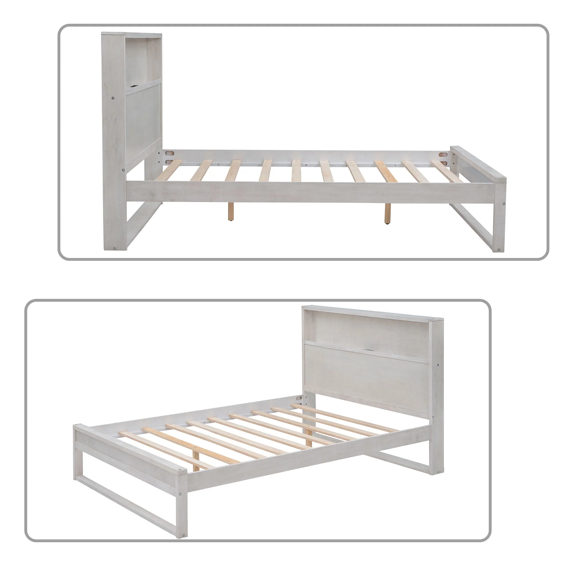 Classic Minimalist Style Full Size Wood Platform Bed with Storage Headboard, Antique White