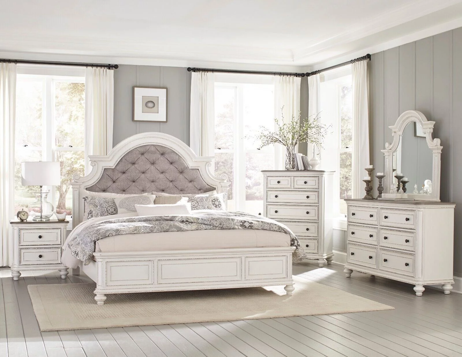 Traditional Curves Design Bedroom Set 4pc Queen Size Bed Button-Tufted Headboard Nightstand Dresser Mirror