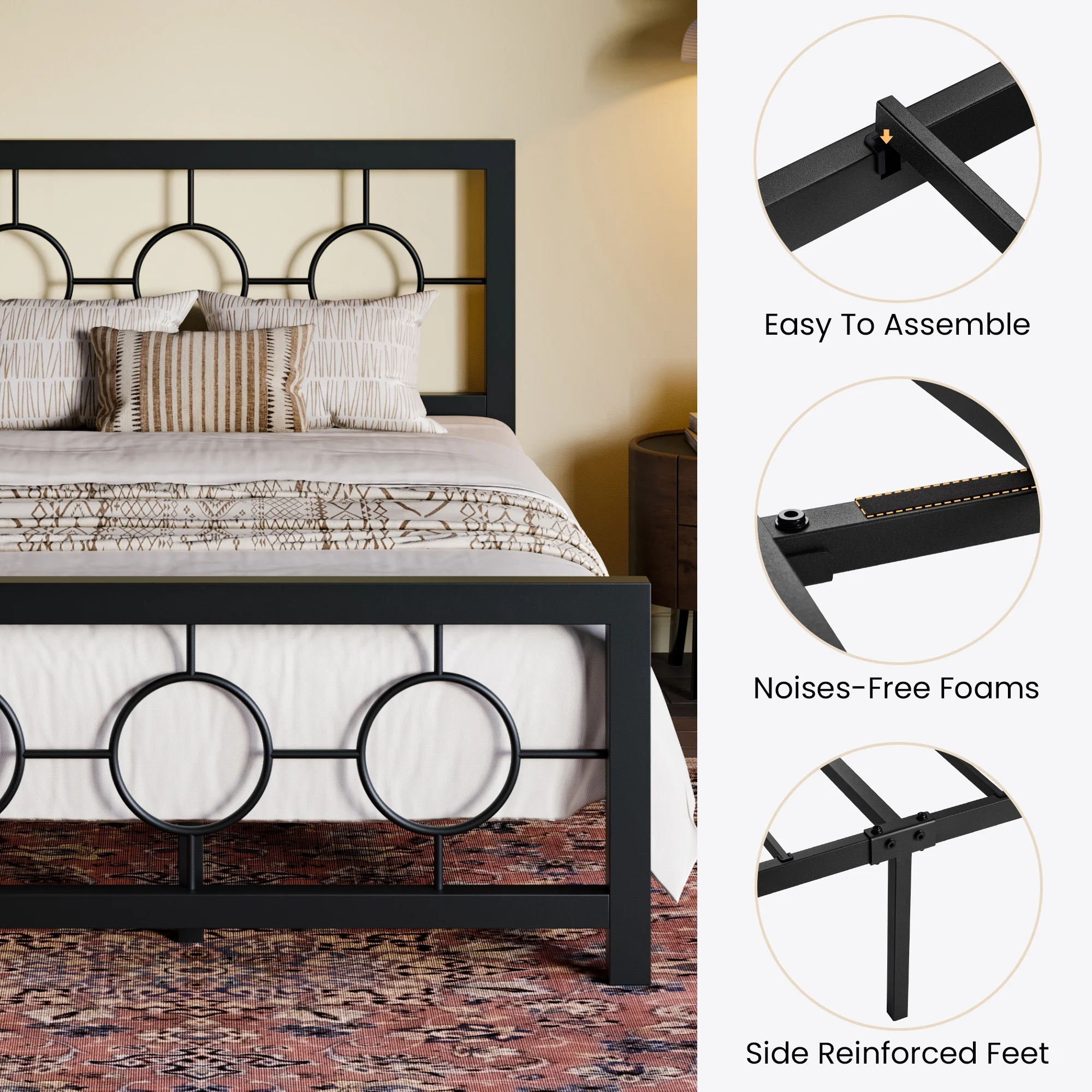 Sha Cerlin Black Twin Size Metal Platform Bed Frame with Vintage Circular Headboard & Footboard, Adult