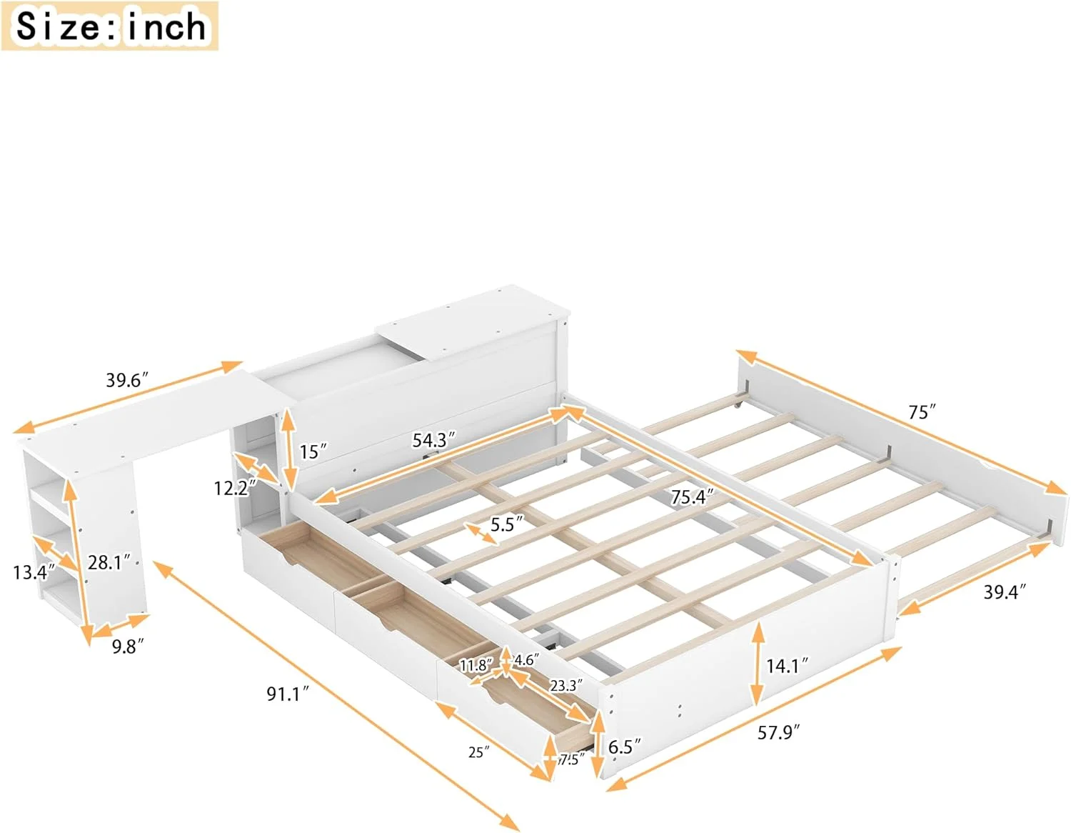Full Platform Bed With Size Trudle Ad 3 Drawers, Woode Full Size Bed With Rollig Desk Ad Storage Shelves Headboard, Full Storage Bed Frame For Kids, Tees Ad Adults (White)